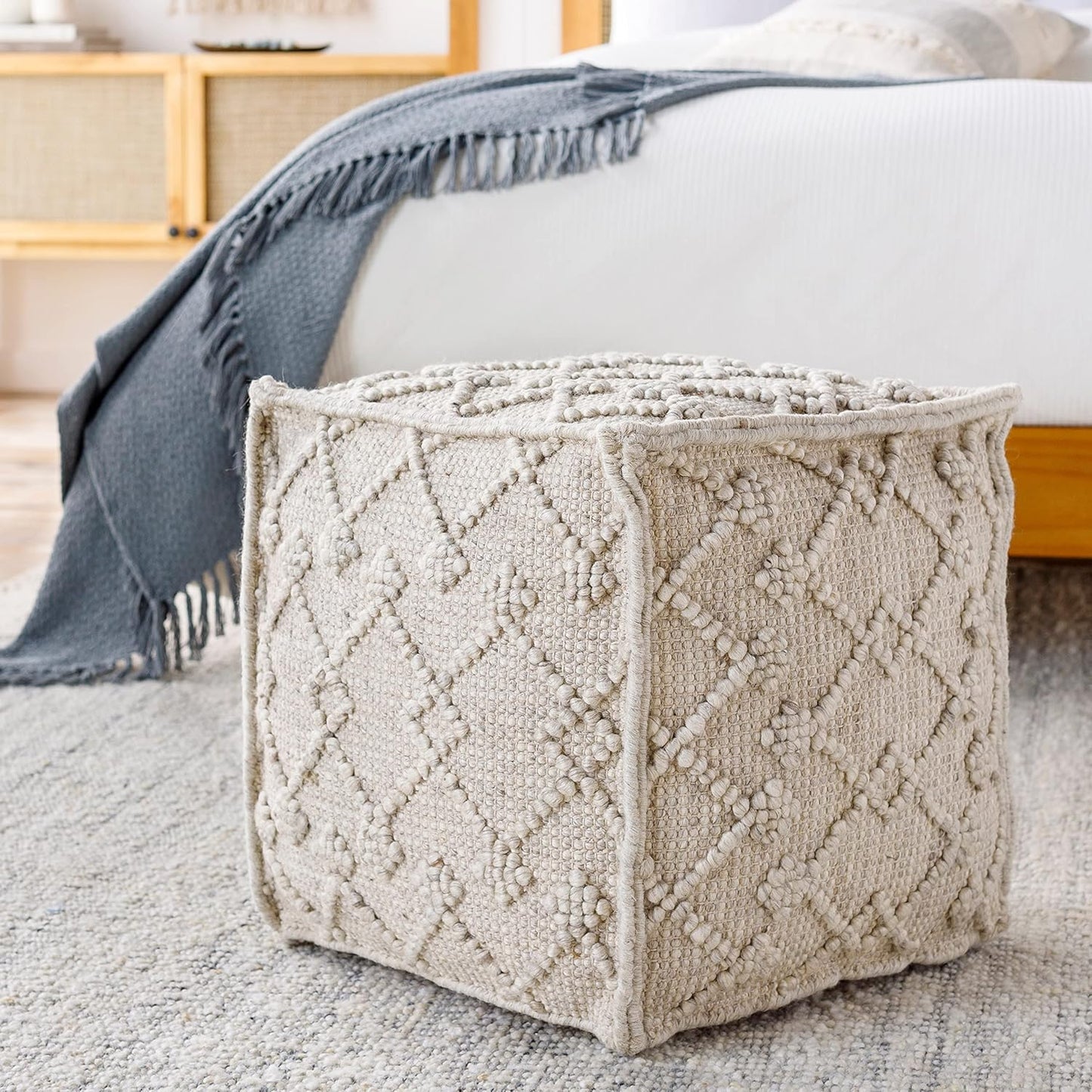 Mark&Day Pouf Ottoman, Lanzendorf Bohemian/Global White Cube Pouf Foot Rest for Living Room, Bedroom and Boho Home Decor (18"x18"x18")