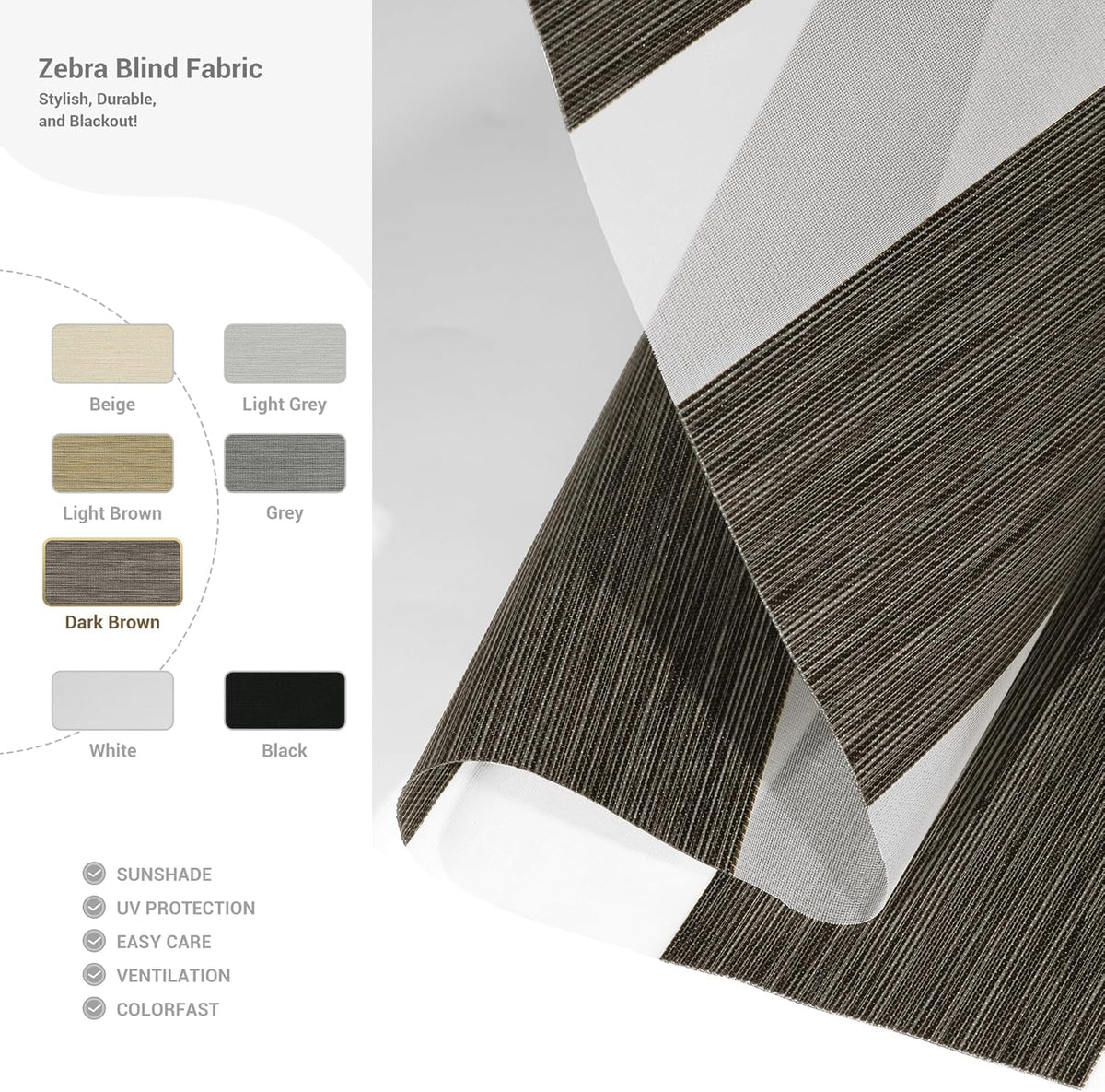Cordless Zebra Blinds for Windows, Blackout Interior Blinds,Easy to Install,UV Protection,for Offices and Home,Custom Roller Shades, Mousse Dark Bown,49" W x 48" H