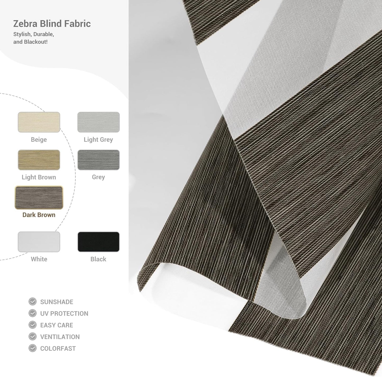 Cordless Zebra Blinds for Windows, Blackout Interior Blinds,Easy to Install,UV Protection,for Offices and Home,Custom Roller Shades, Mousse Dark Bown,68" W x 48" H