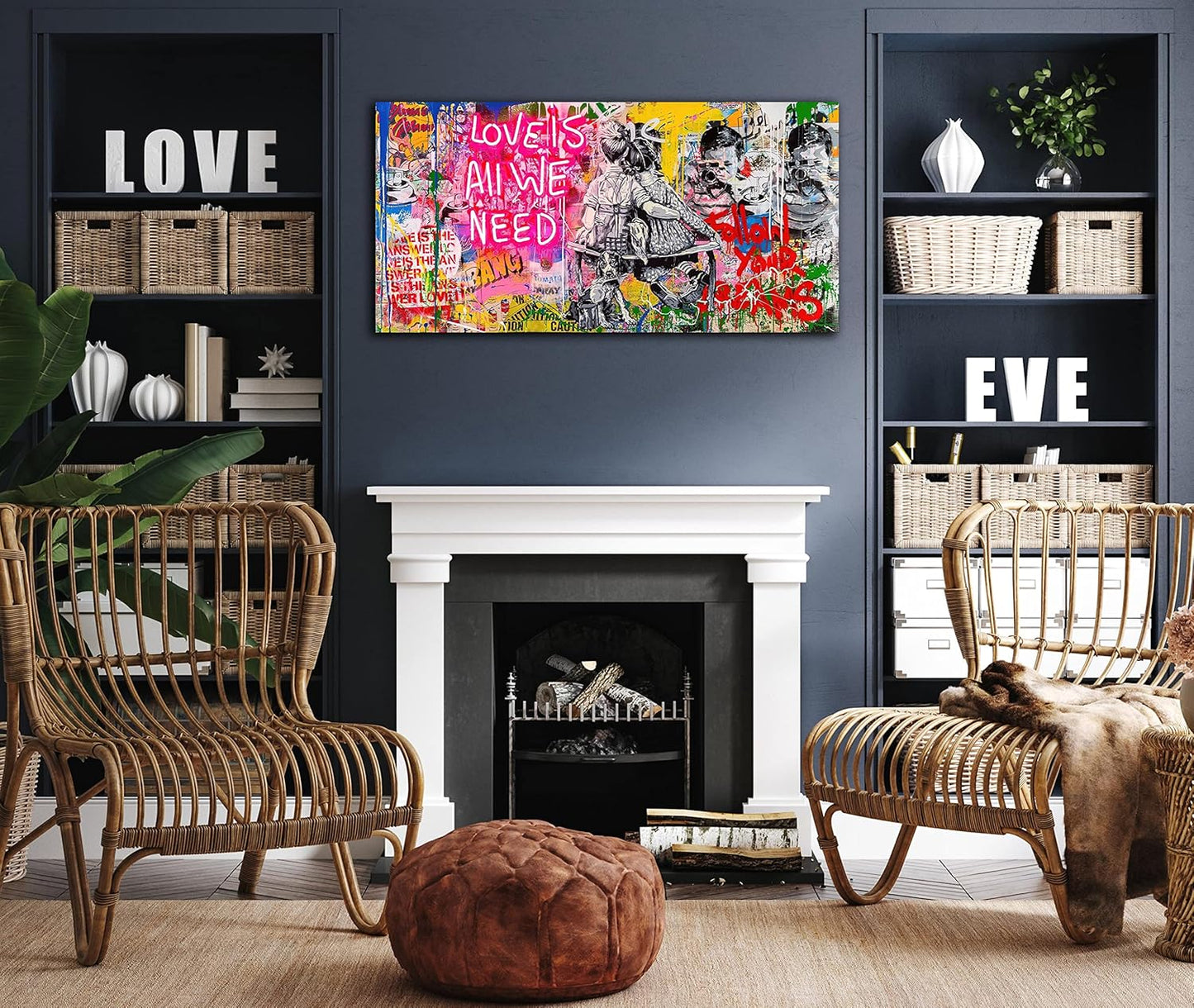JKWALL77 Banksy Street Wall Art - Graffiti Abstract Canvas Wall-Art for Living Room Ready To Hang Size 40" x 20"