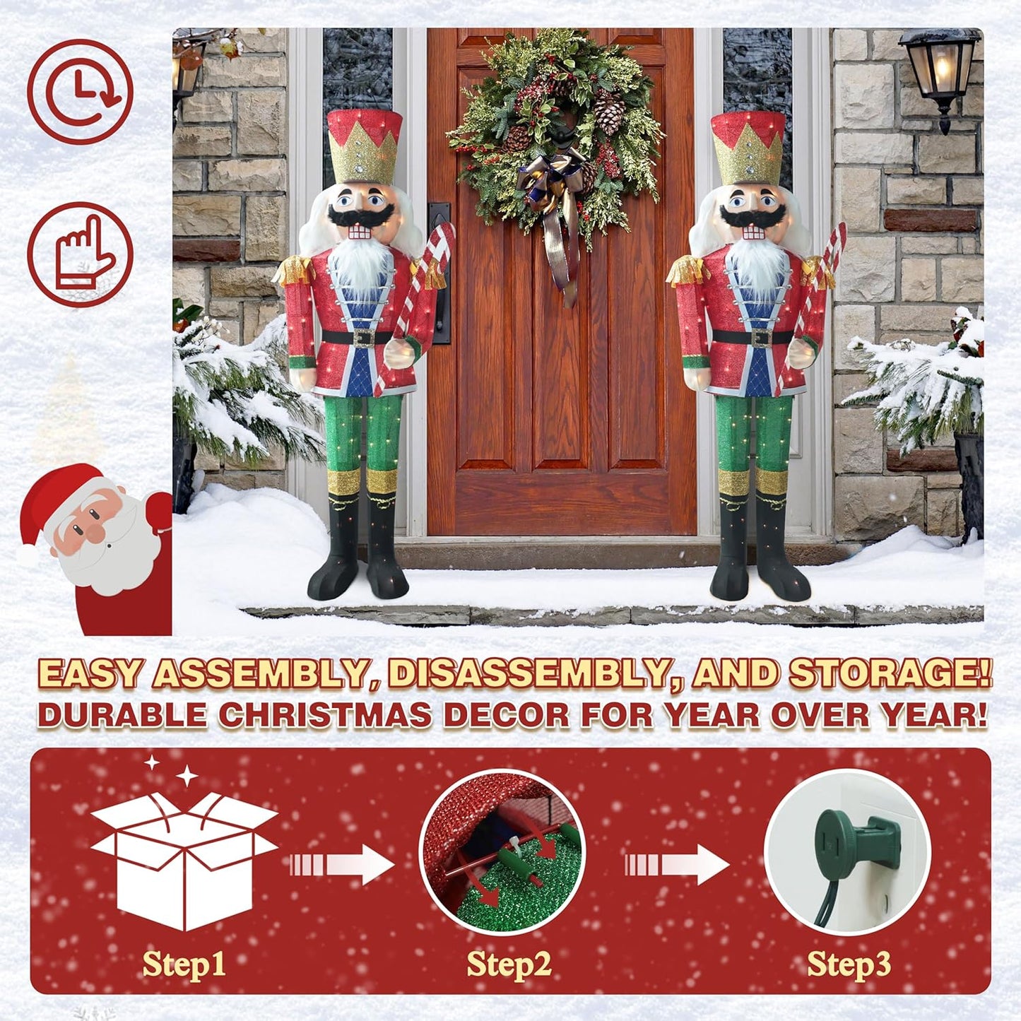 5FT Lighted Nutcracker with Candy Cane for Christmas Decoration, 3D Pre-Lit Iridescent Soldier Xmas Decor with 100 Warm White Lights, Glittered Standing Holiday Display for Outdoor, Indoor