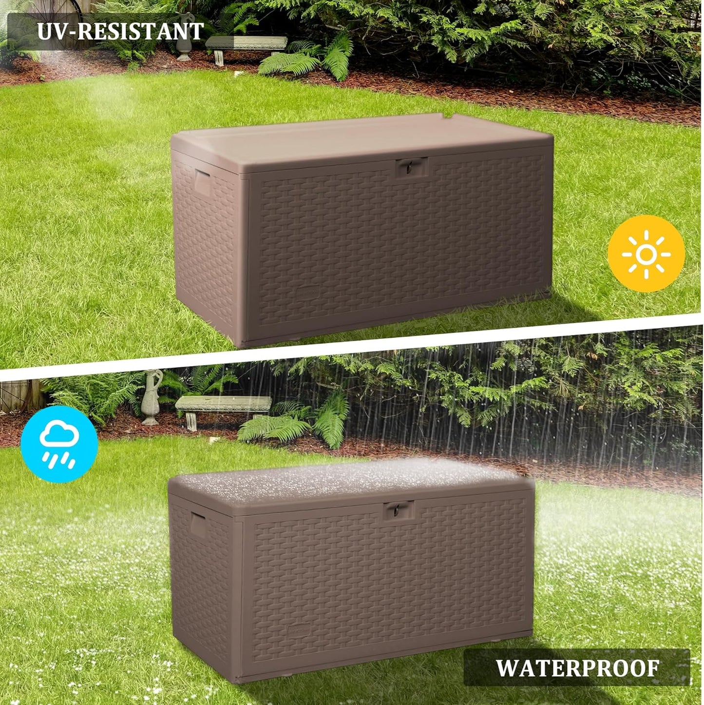 73 Gallon Pro Outdoor Storage Box Waterproof Lockable Resin Deck Box Large, Patio Storage Bin for Pool Accessories Cushion Furniture, Garden Tools, UV-Resistant Outside Delivery Brown