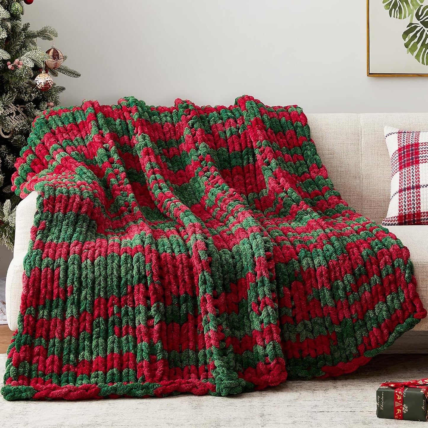Chunky Knit Throw Blanket, 30''*40'' Knitted Throw Chenille Yarn for Bed Couch, Handmade Stripe Crochet Big Thick Blanket, Machine Washable Cute Comfy Blanket for Home Decor