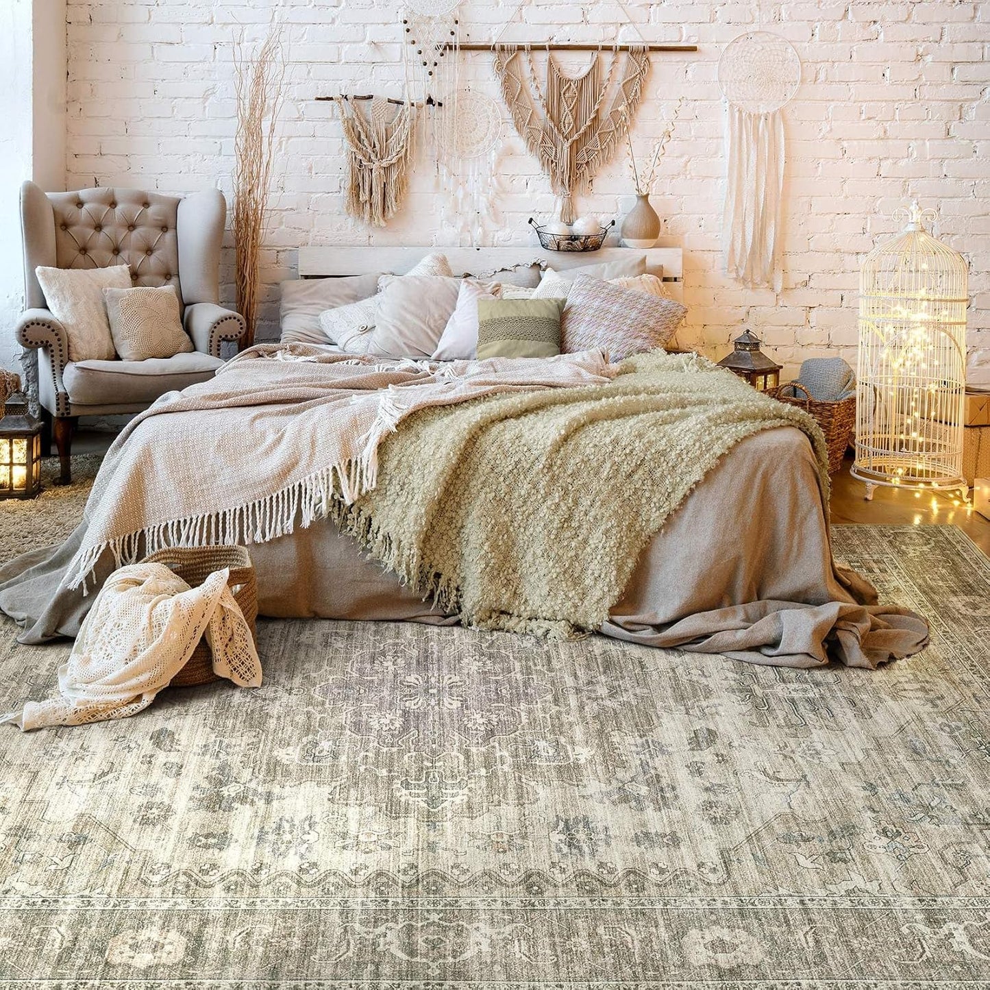 Washable Area Rugs for Living Room -10x12 Neutral Vintage Distressed Floral Farmhouse Boho Large Soft Floor Rug Indoor Non Slip Carpet for Living Room Bedroom Dining Room Office -Brown/Tan
