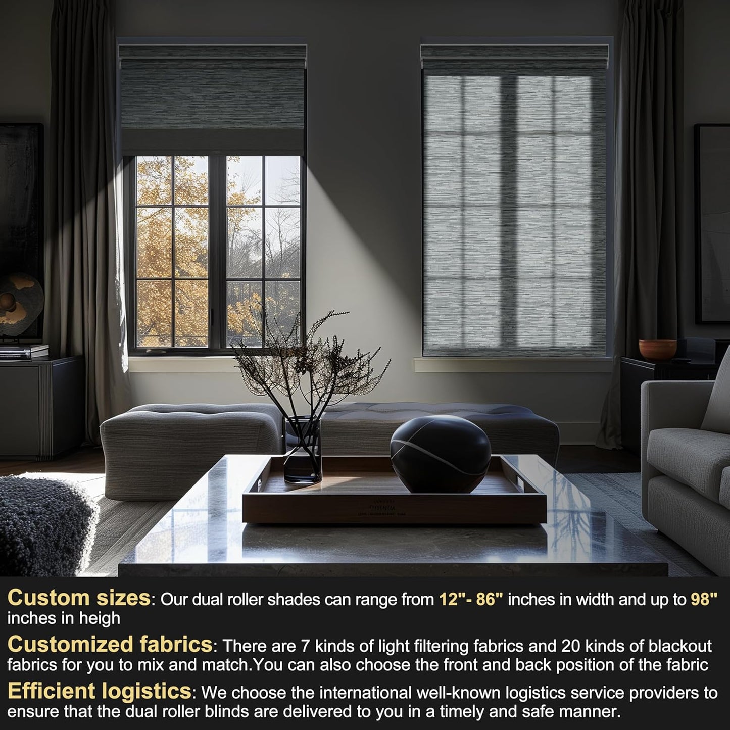 BERISSA Cordless Dual Roller Shades with Cassette Valance, Double Window Shades Blackout and Light Filtering, Day and Night for Home Office Door. Striped Jacquard Grey. 39 W x 44" H