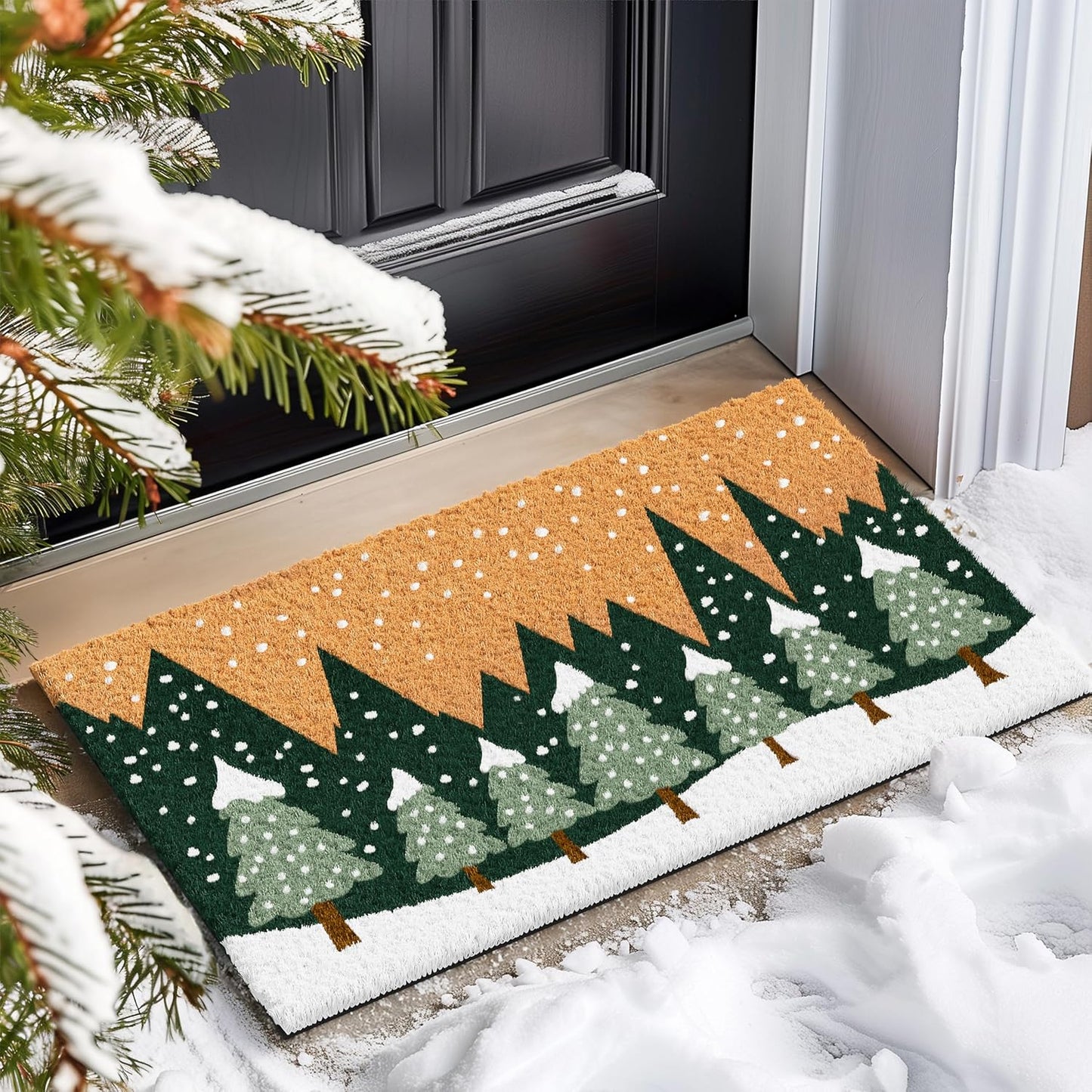 Barnyard Designs Natural Coco Coir Christmas Doormat - Large Cute Non-Slip Heavy Duty Backing Door Mat for Outside Entrance or Porch Entry, Brown (17x30, Winter Snow Forest)