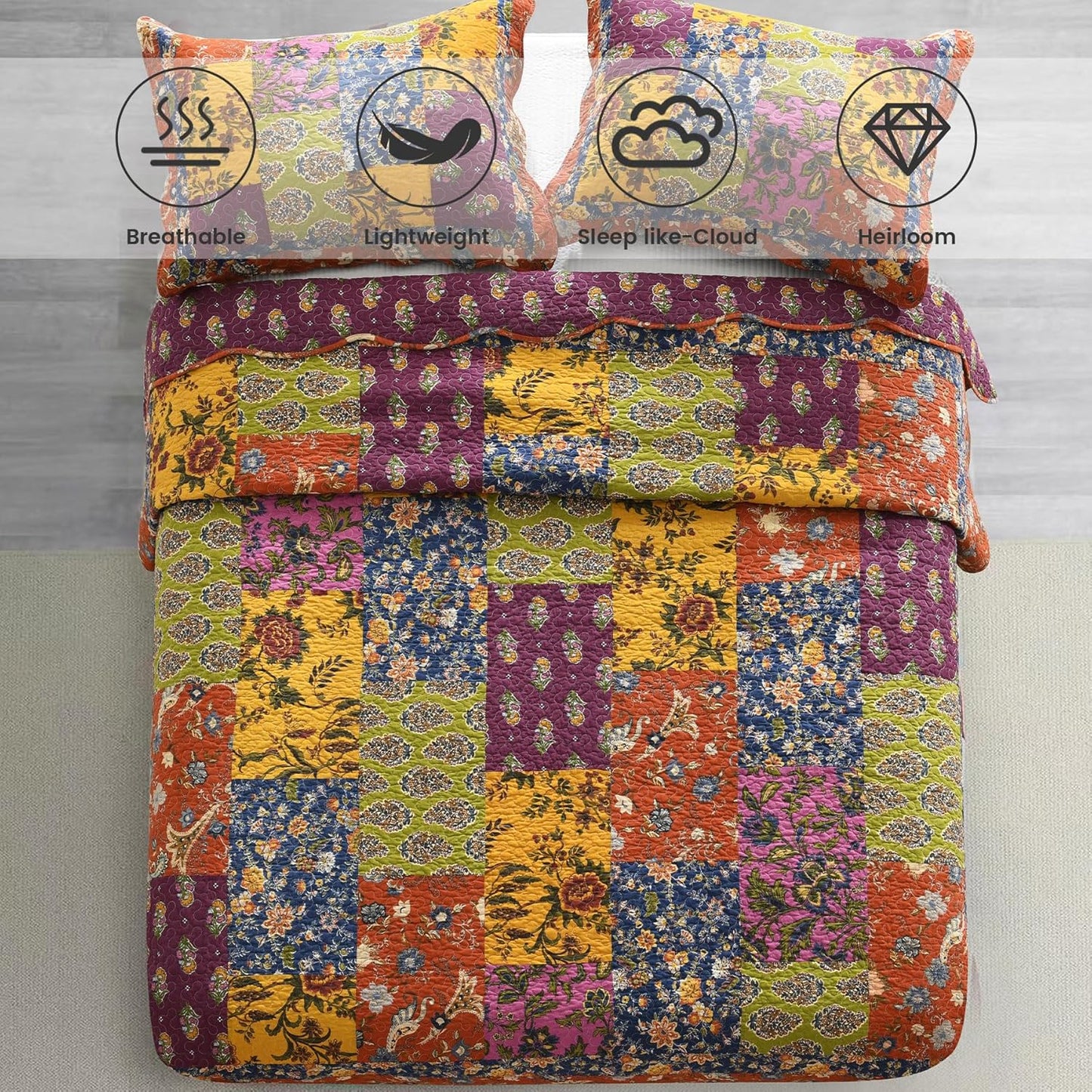 Secgo King Size Comforter Set- 100% Cotton Quilt King Size Set, Green, Sage bedspreads (96 * 108 Inch) with 2 Pillow Shams, Patchwork Reversible Lightweight Bedding