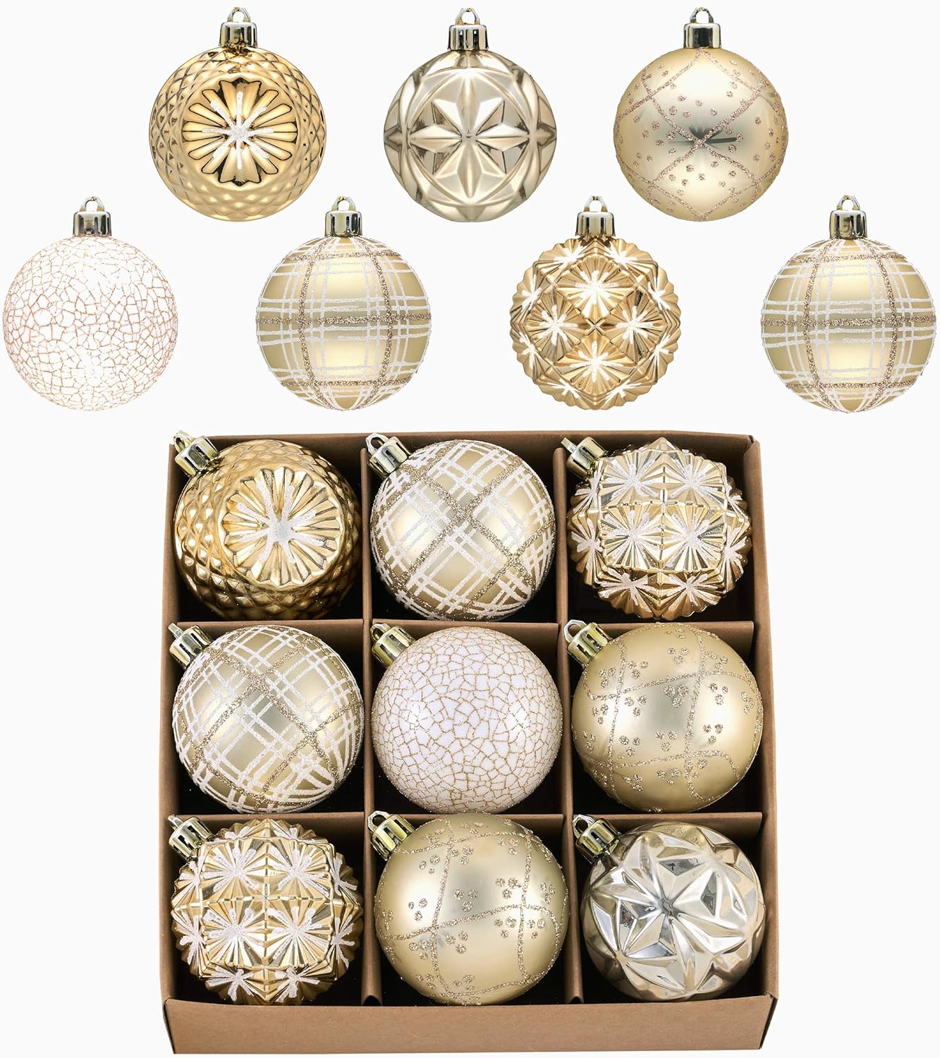 Valery Madelyn Ornaments for Christmas Trees, 9ct 2.36 Inches White and Gold Shatterproof Christmas Tree Decorations, Luxury Hanging Ball Ornaments for Xmas Holiday Party Decor