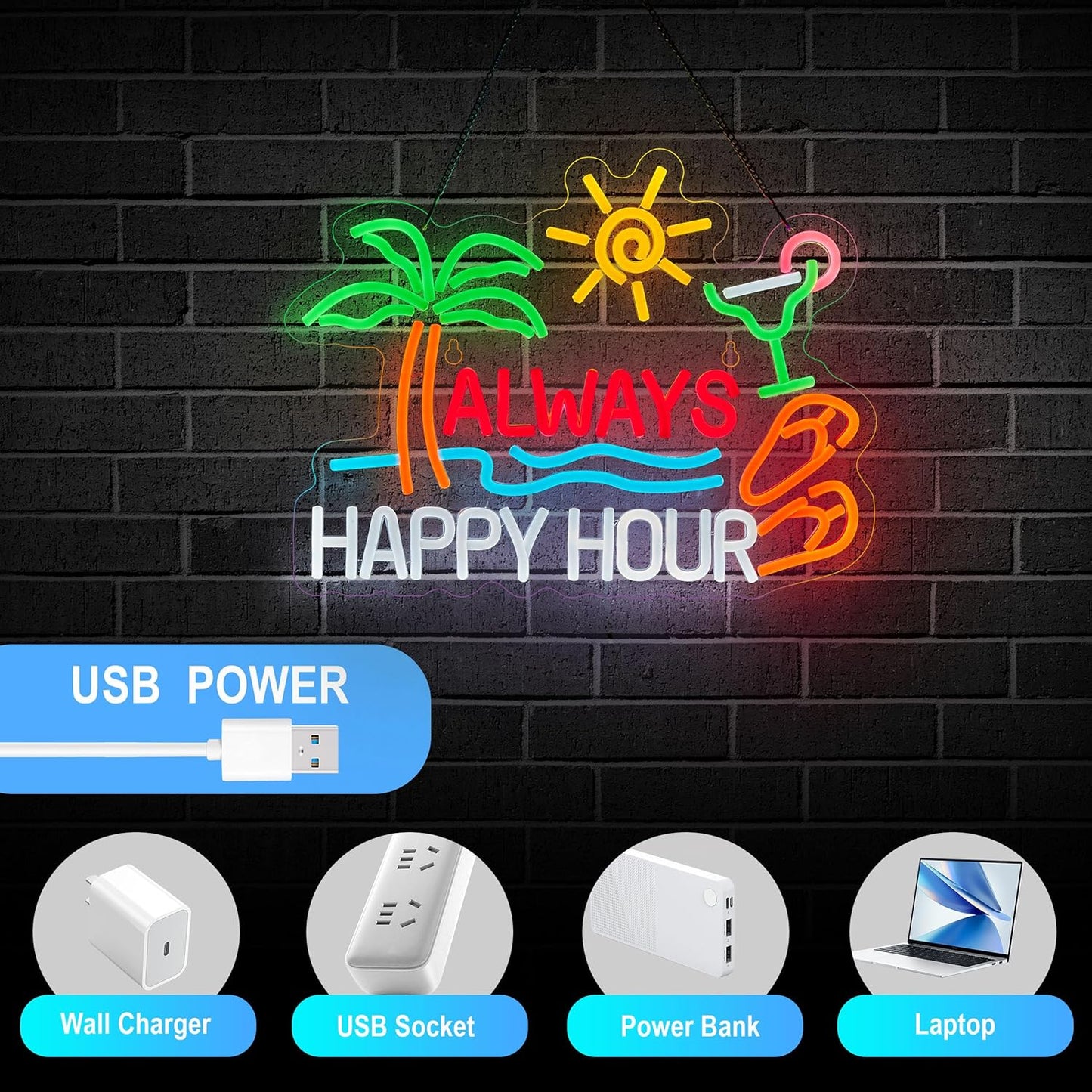 Always Happy Hour Beer Bar Neon Sign for Wall Décor Dimmable USB LED Neon Light for Home Tiki Bar Decor Man Cave Parties Gift