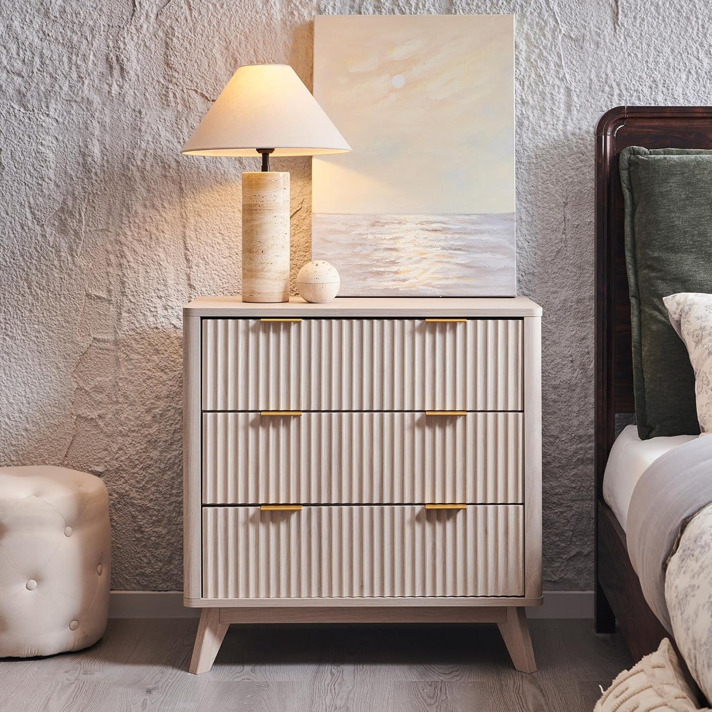 T4TREAM 32" Tall Fluted Nightstand Set of 2, Modern Side Table with 3 Drawers, End Table w/Storage, Bedside for Bedroom, Living Room, Curved Profile Design, White Alder