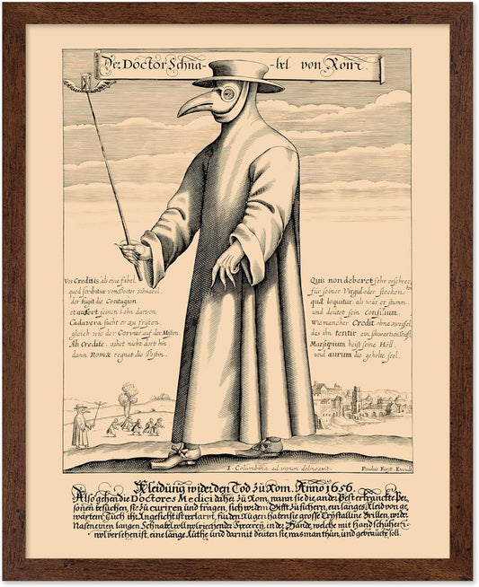 Poster Master Vintage Medieval Poster - Retro Illustration Print - Gift for Friend - Plague Doctor, Pandemic Mask, Physician, Black Death - Wall Decor for Home, Living Room, 16x20 Brown Framed