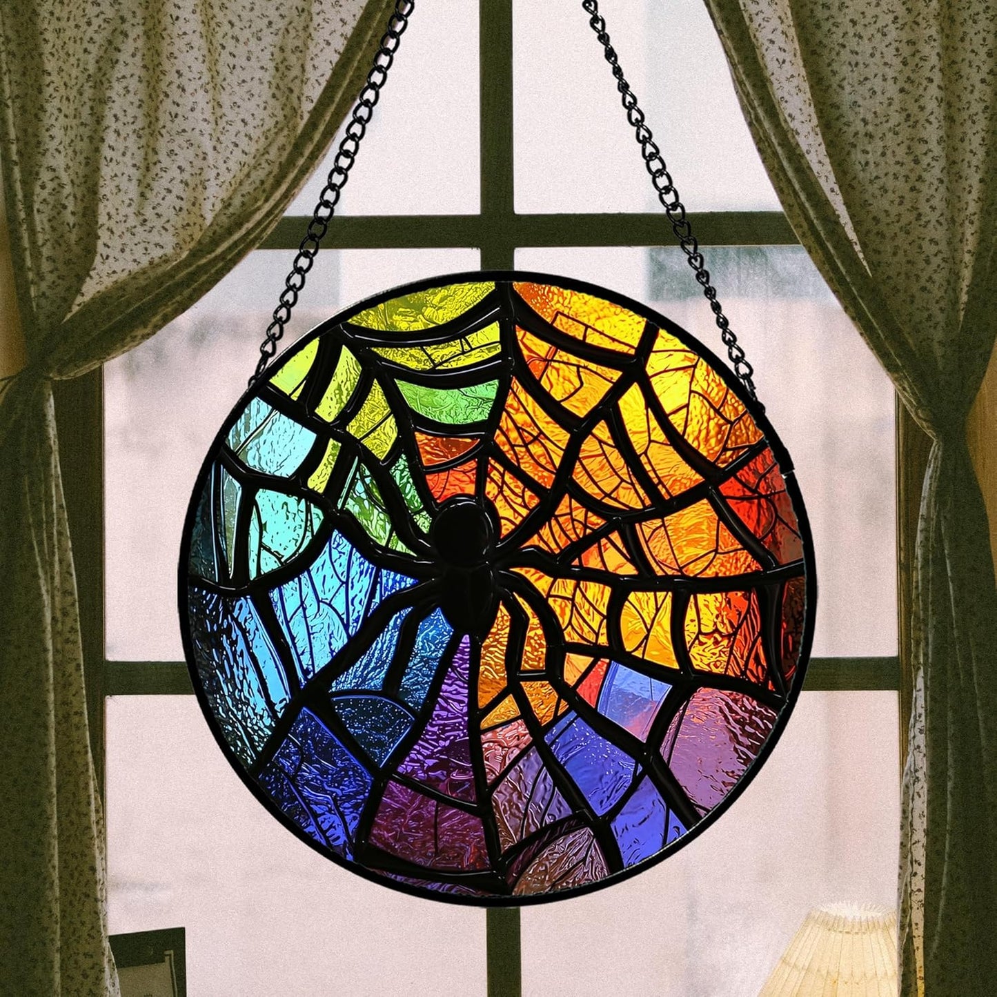 Stained Glass Suncatcher, Colorful Spider Sun Catcher Black Insect Stain Glass Window Hanging Decoration Mother's Day Birthday Gifts for Women Men Mom Nana 9.8 in