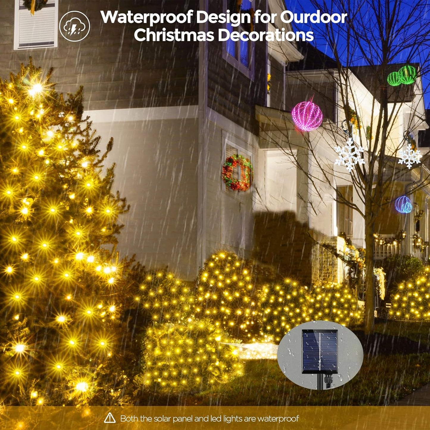 WBao Solar Christmas Lights Outdoor 200LED 8.4ft x 5.2ft Christmas Net Lights with Remote, 8 Lighting Modes, Timer, Waterproof for Lawn, Bushes, Shrubs, Trees Outdoor Christmas Decorations, Warm White