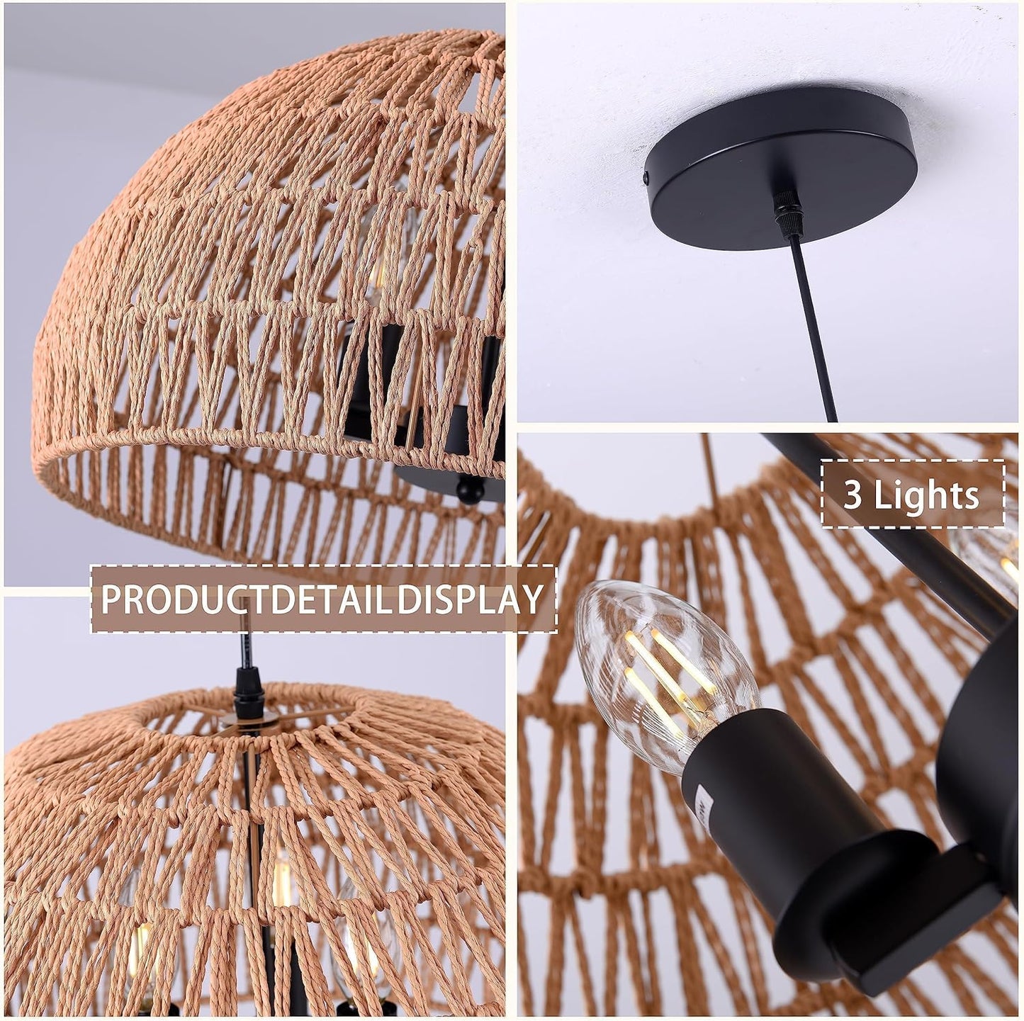 17.6 inch Hemp Rope Woven Pendant Light Wicker Pendant Light 3-light Rattan Light Fixture Boho Chandelier Farmhouse Chandelier Dome Pendants Light for Dining Room Bedroom Kitchen(Bulb Incl
