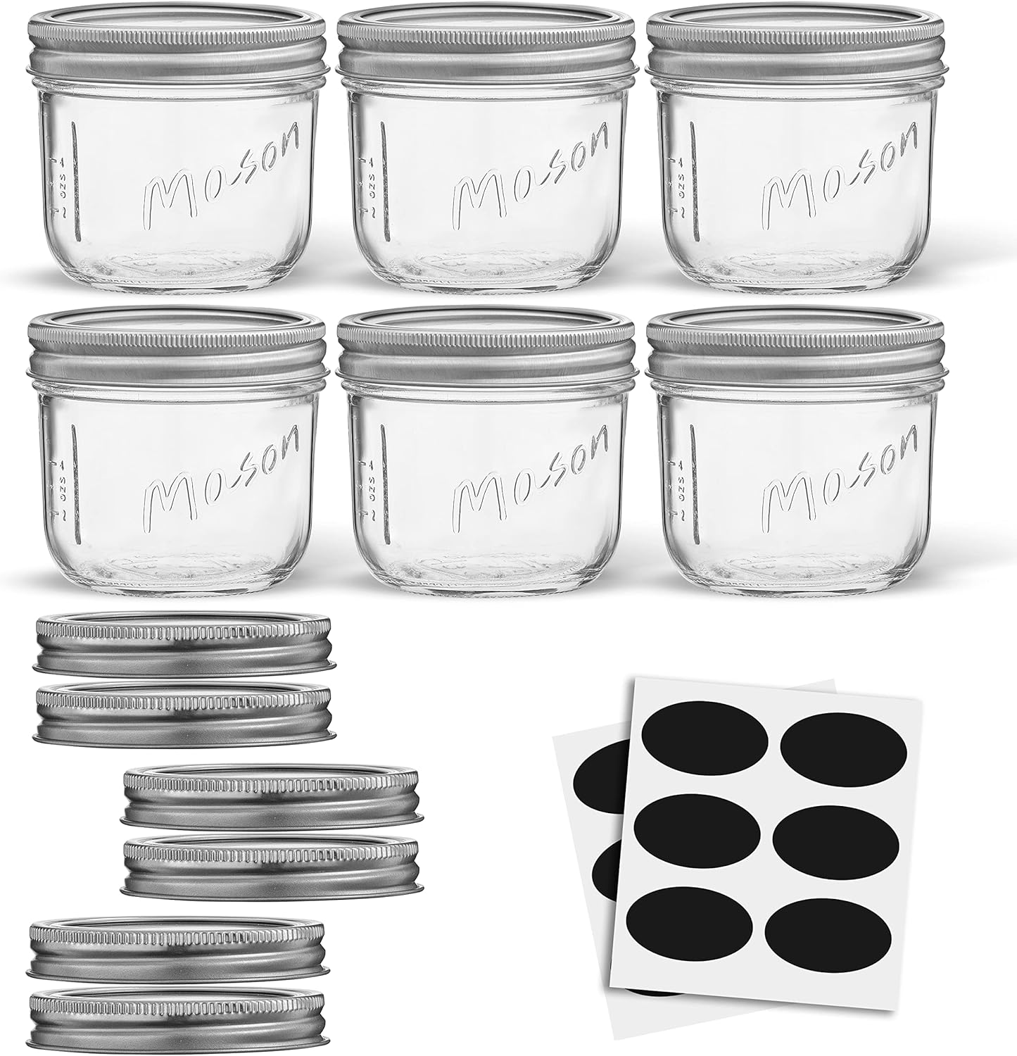 JoyJolt 8 Oz Mason Jars With Lids, Labels and Measures! 6-Pack Wide Mouth Mason Jars, Glass Jar with Lid and Band. Airtight Canning Jars, Overnight Oats Jars, Salad Jars, Sourdough Starter Jar