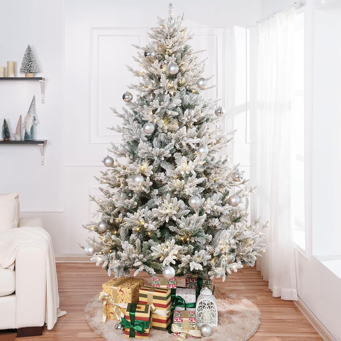Naomi Home Ginebra 6.5ft Snow Flocked Christmas Tree Prelit with 2456 Branch Tips, 450 Warm Lights and Metal Stand, 52" Wide Realistic Snowy Frosted Christmas Tree with Lights