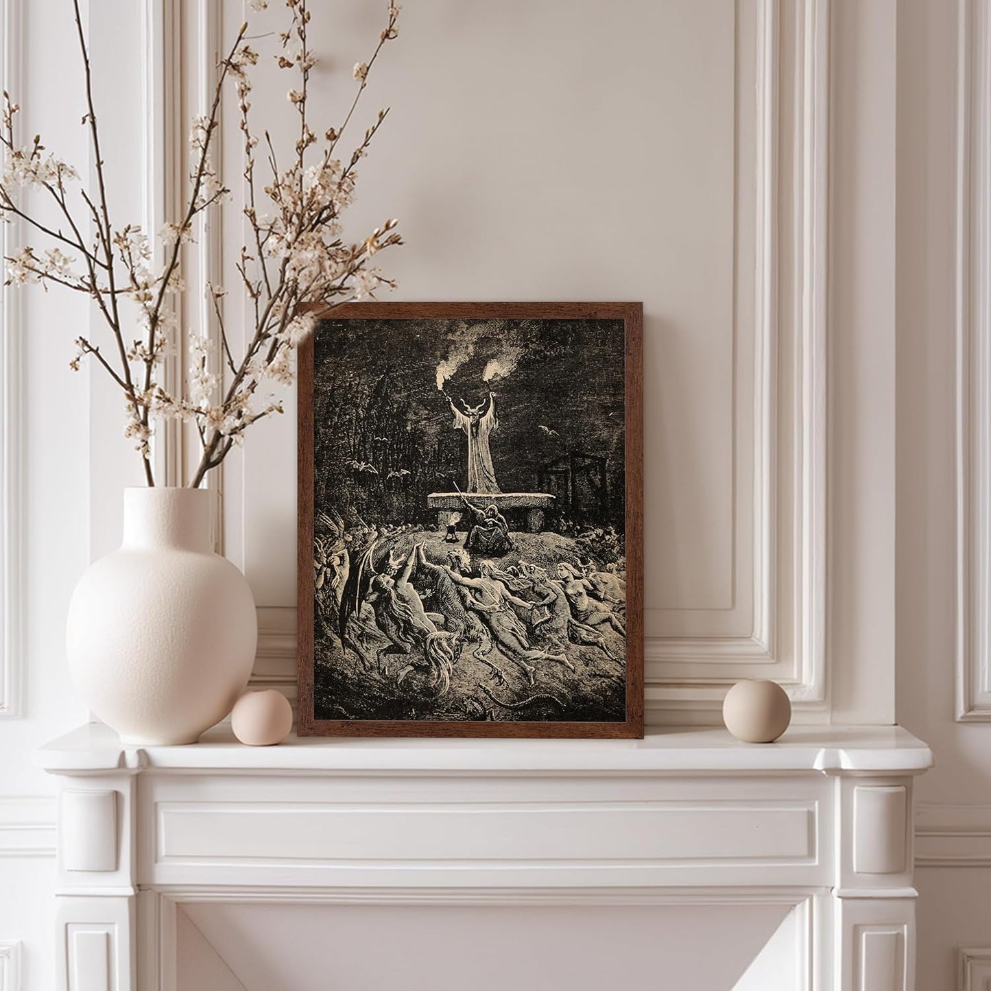 Poster Master Vintage Gustave Dore Poster - Retro Illustration Print - Gift for Gothic, Horror Fan - Dance of Sabbath, Witch, Magic, Spell - Wall Decor for Bedroom, Dorm, 11x14 Brown Framed