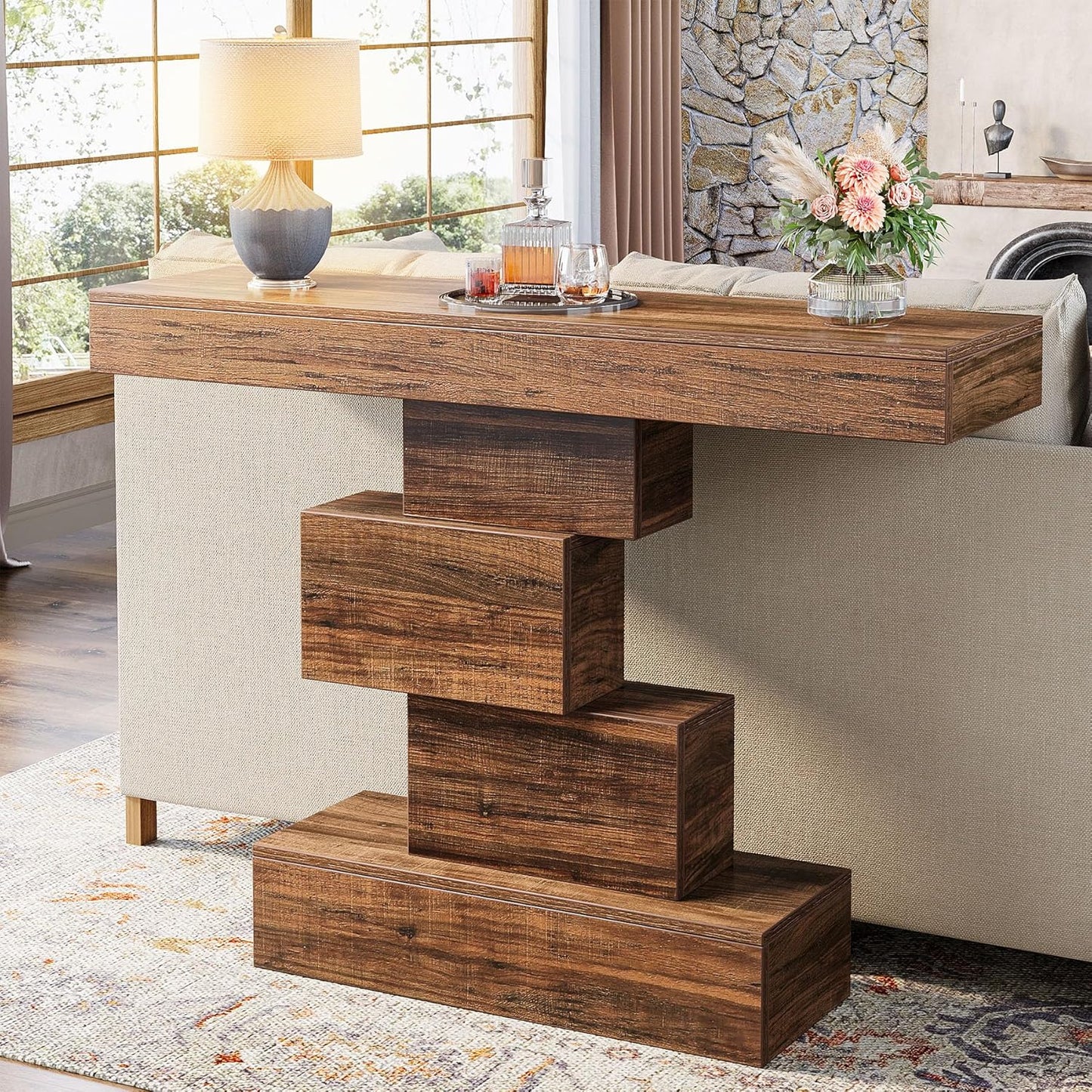 Tribesigns 42.5" Farmhouse Console Table, Narrow Wood Sofa Table Behind Couch with Geometric Base, Industrial Entryway Accent Table for Living Room, Hallway, Entrance (Rustic Brown)