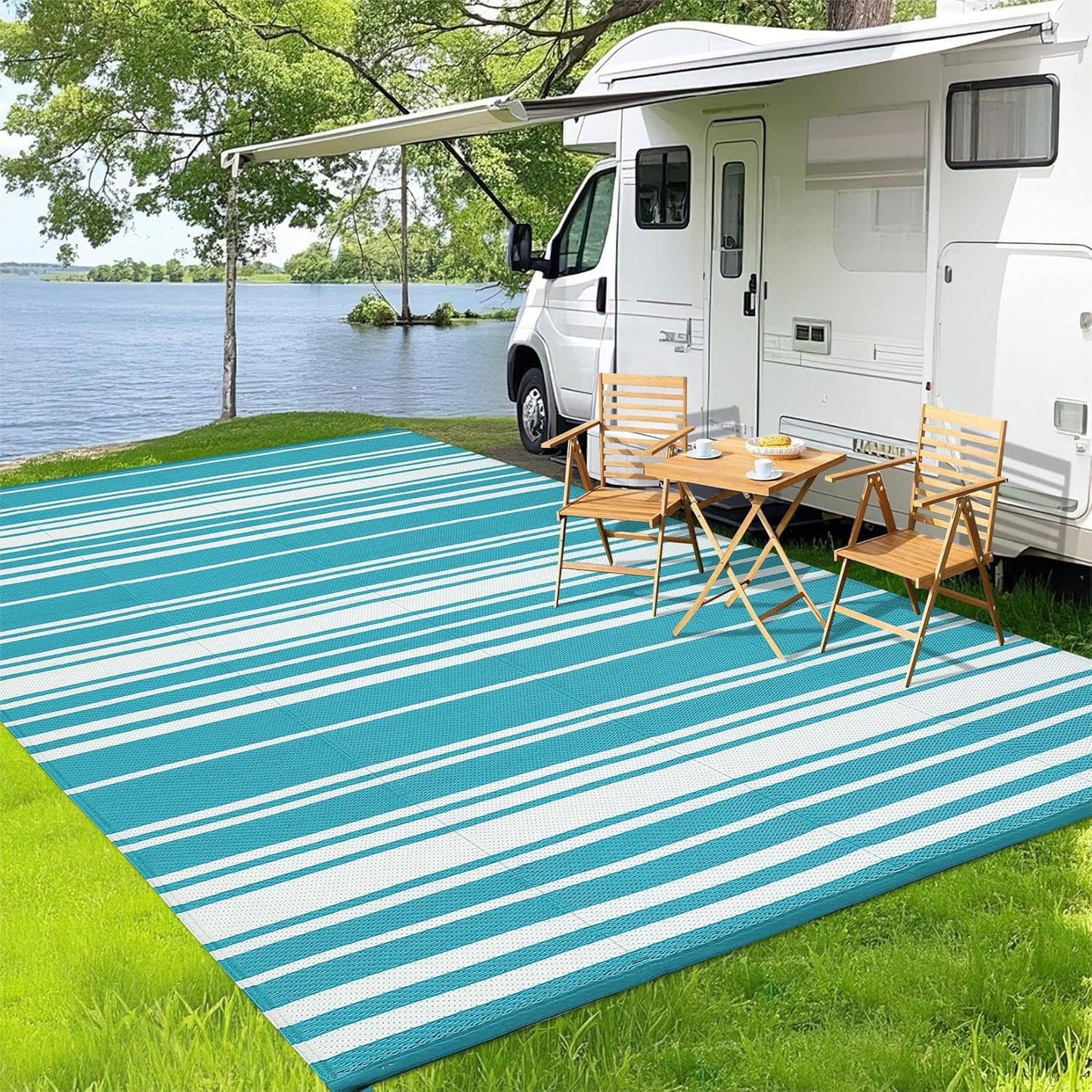 Outdoor Patio Rug 9x12 Stain-Resistant Reversible Camping Mat, Modern Striped Outdoor Plastic Straw Rug, Waterproof Outside Carpet, Easy to Clean for RV, Porch, Deck, Balcony, Light Blue
