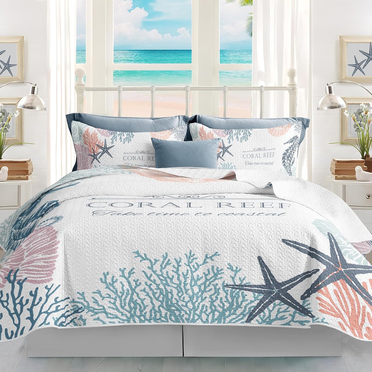 Coastal Bedding King Size 2 Shams, Nautical Beach Comforter Sets Ocean Bedspreads Coastal Coverlet Summer Bedding, 96''x106''