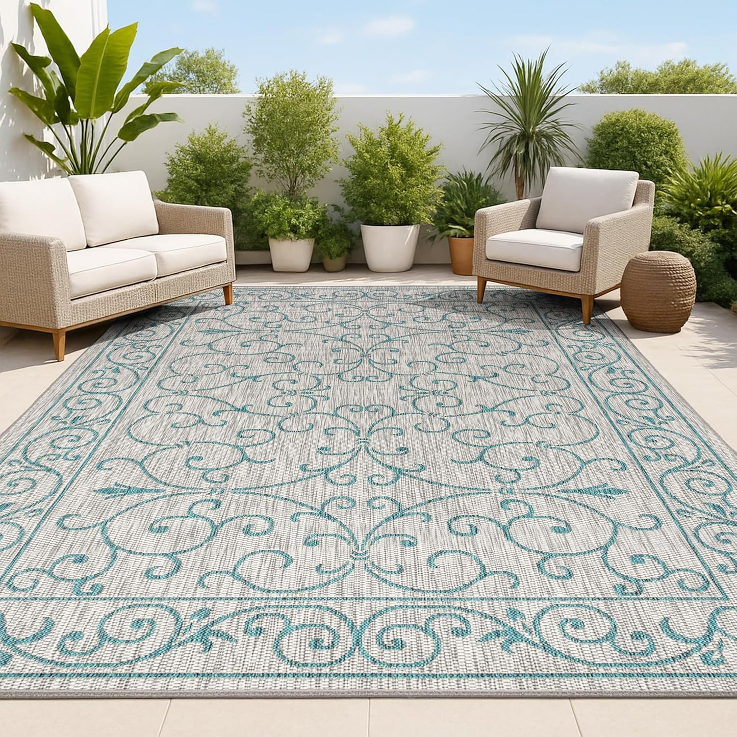 JONATHAN Y Vintage Filigree Indoor Outdoor Area Rug 4X6 Gray/Teal, Charleston Textured Weave for Backyard, Patio, Porch, Easy-Cleaning, High Traffic, Pet-Friendly, Non-Shedding (SMB106E-4)