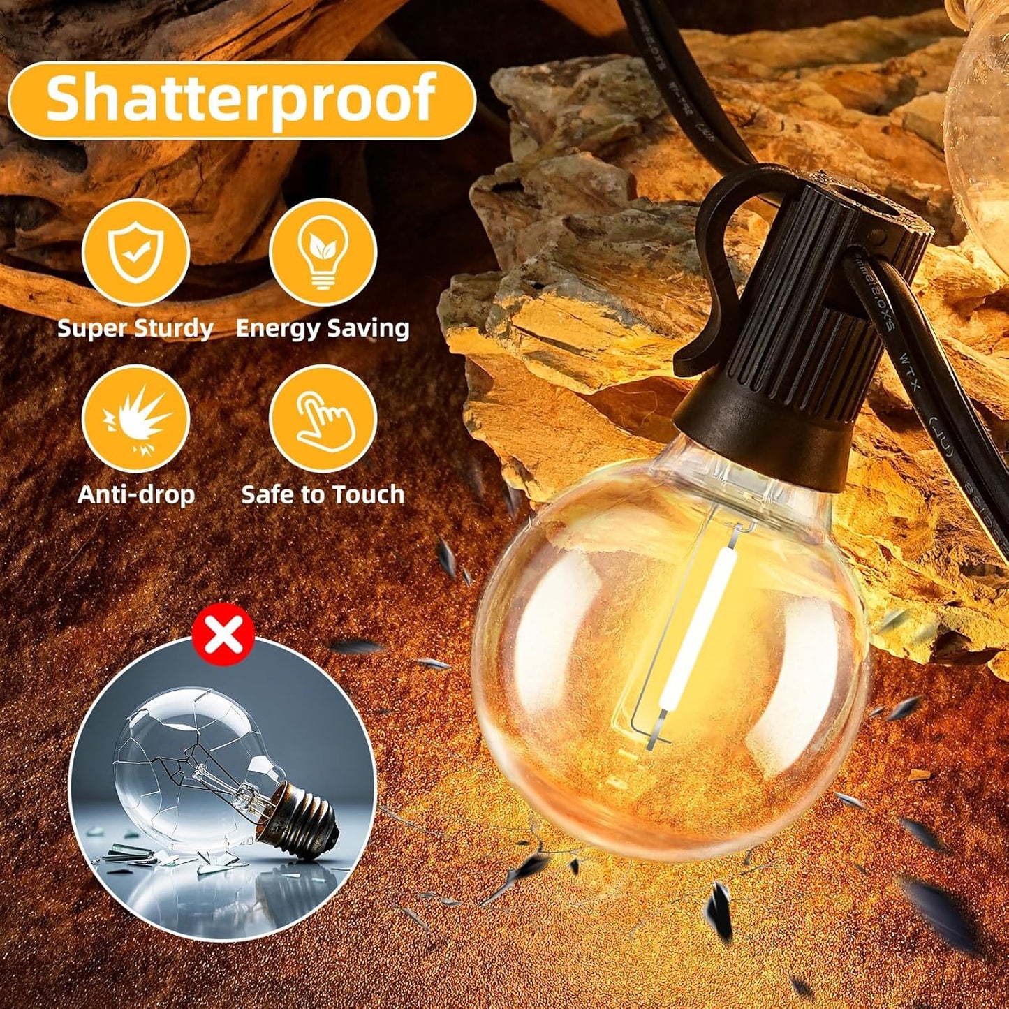 50FT G40 LED String Lights with 25 Shatterproof Bulbs (2 Spares), E12 Sockets, 2700K Warm White, eatherproof Patio Lighting for Garden,Backyard,Party,Wedding,Porch,Deck,Gazebo,Bistro,Camping