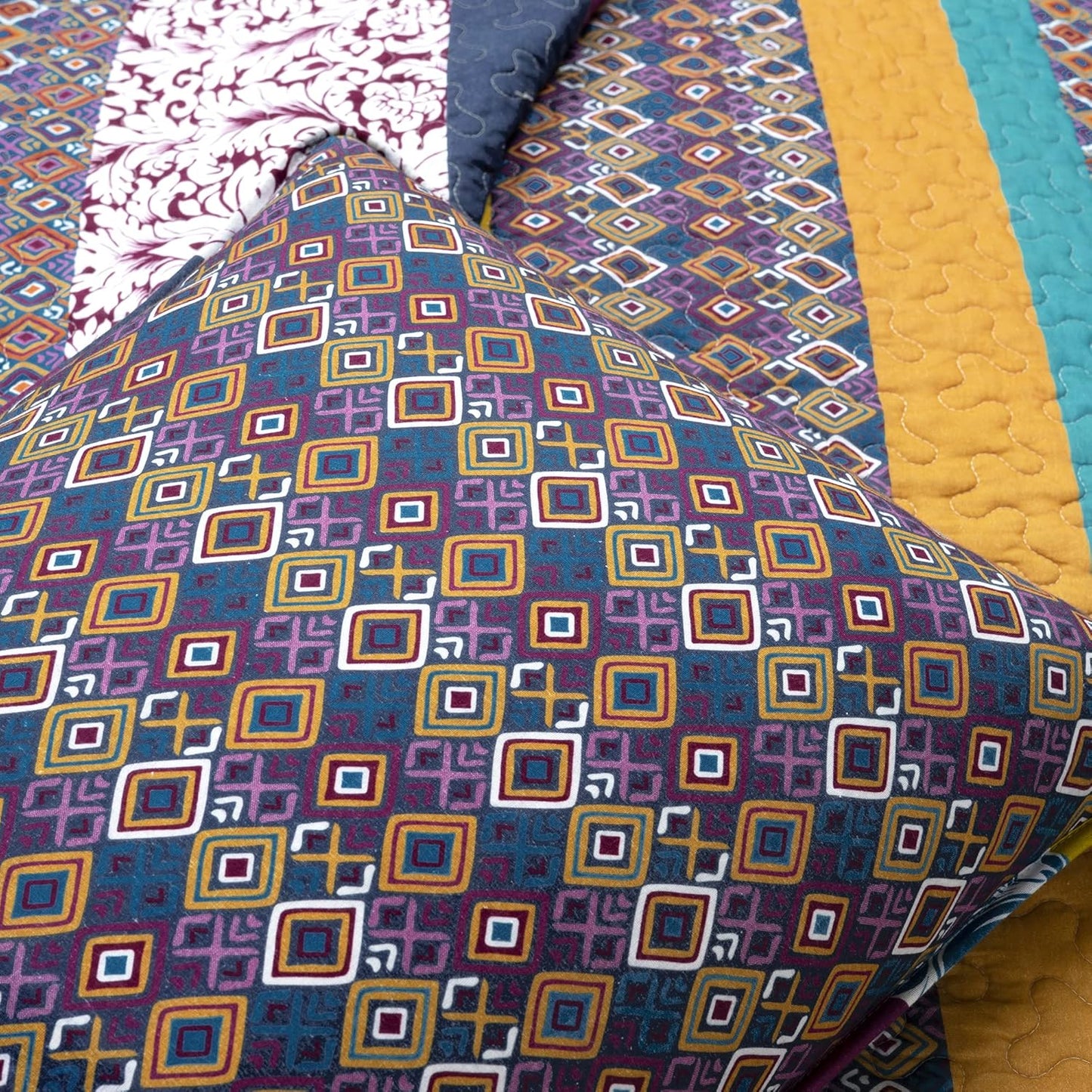 Lush Decor Boho Stripe Reversible Cotton Quilt 3-Piece Set, King, Plum & Yellow - Bold Colorful Bohemian Bedding Set