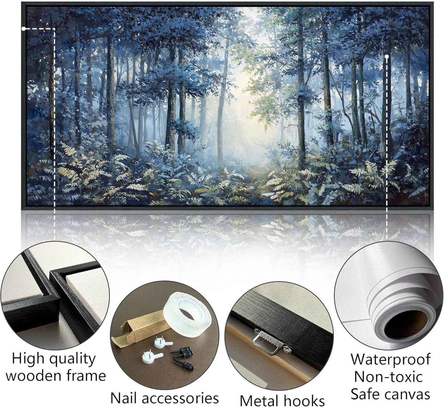 Forest Canvas Wall Art for Living Room - Navy Blue Bedroom Wall Art, Landscape Pictures Wall Decor, Forest Painting, Framed Nature Tree Artwork Walls 20×40IN