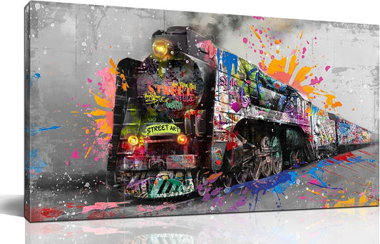 JKWALL77 Graffiti Train Wall-Art - Banksy Canvas Wall Art For Living Room - Modern Art Wall Decor Ready To Hang Size 40" x 20"