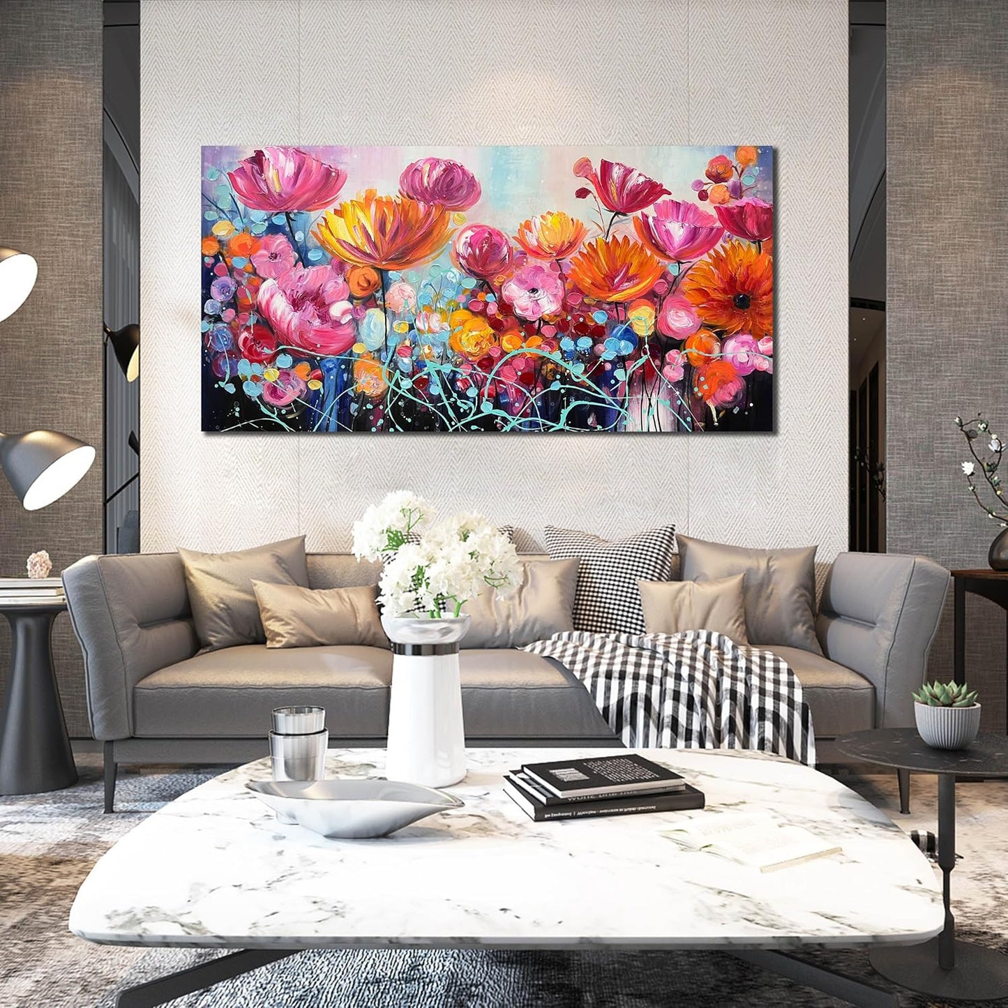 ENTANUB Flower Wall Art for Livng Room, Pink Floral Canvas Wall Decor for Bedroom, Hand Painted Artwork, Large Size 29x59 Inches