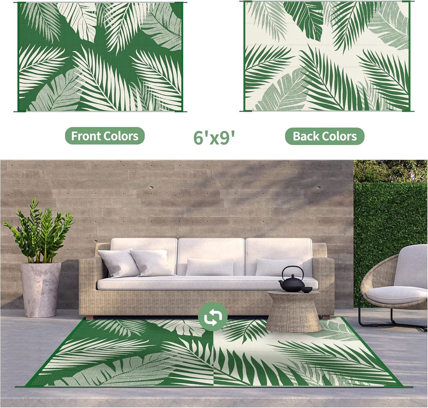 GENIMO Outdoor Rug 6' x 9' Waterproof for Patios Clearance, Reversible Outdoor Plastic Straw Camping Rug Carpet, Large Area Rugs Mats for RV, Picnic, Backyard, Deck, Balcony, Porch, Dark Green&White