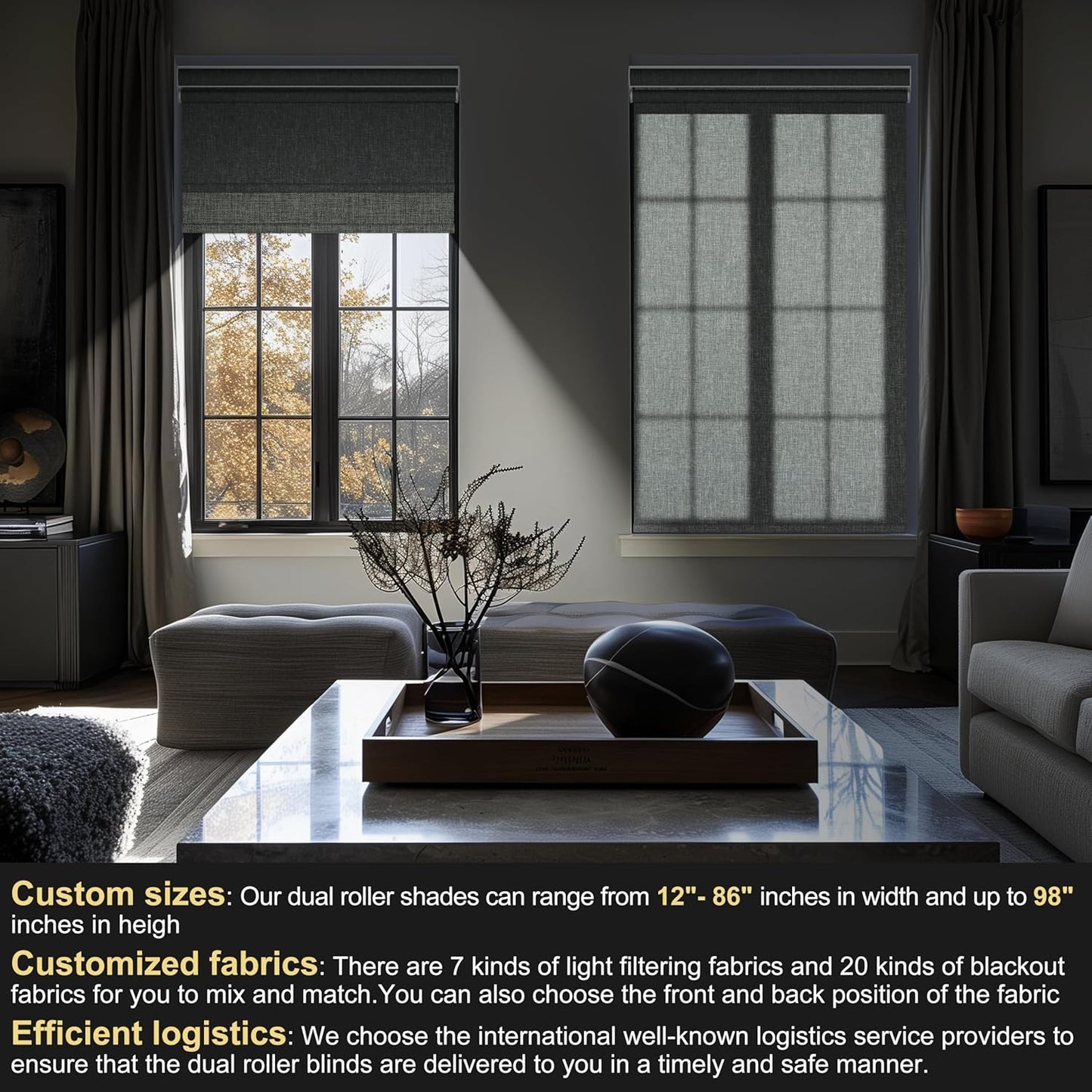 BERISSA Cordless Dual Roller Shades with Cassette Valance,Double Window Shades Blackout and Light Filtering Shades,Day and Night Roller Shades for Home Office Door.Linen Grey.52 W x 64" H