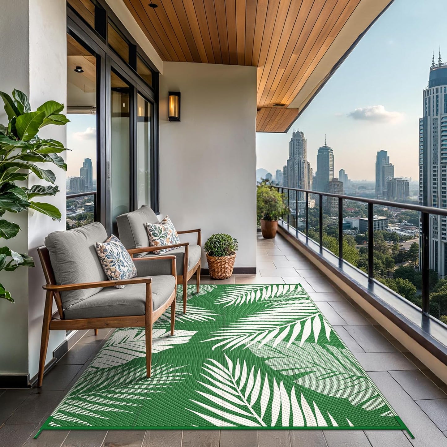 GENIMO Outdoor Rug 6' x 9' Waterproof for Patios Clearance, Reversible Outdoor Plastic Straw Camping Rug Carpet, Large Area Rugs Mats for RV, Picnic, Backyard, Deck, Balcony, Porch, Dark Green&White