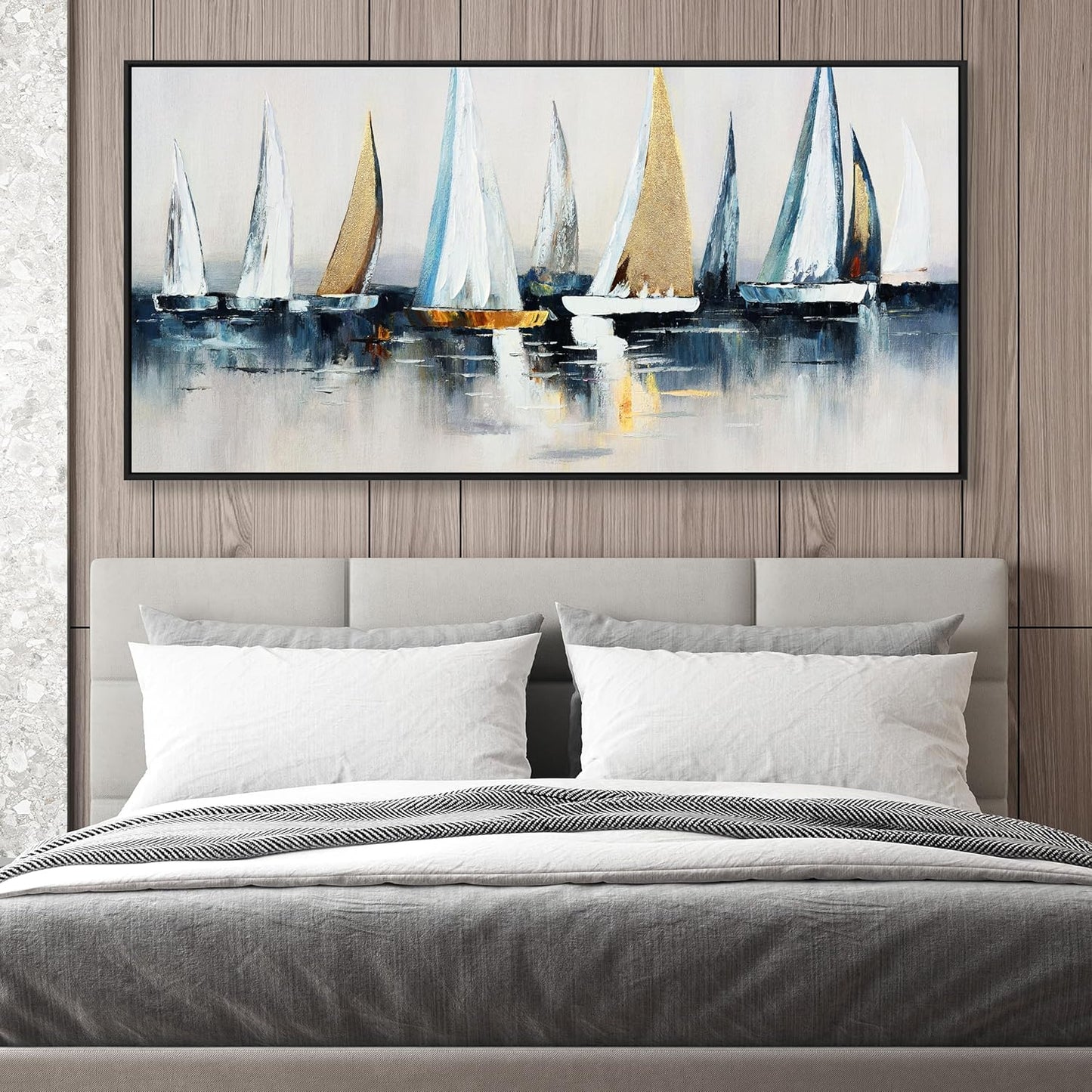 Abstract Wall Art Blue and White Sailboat Wall Paintings Framed Artwork for Living Room Bedroom Bathroom Office Home Decor Can Be Hung Directly 29"x 58"