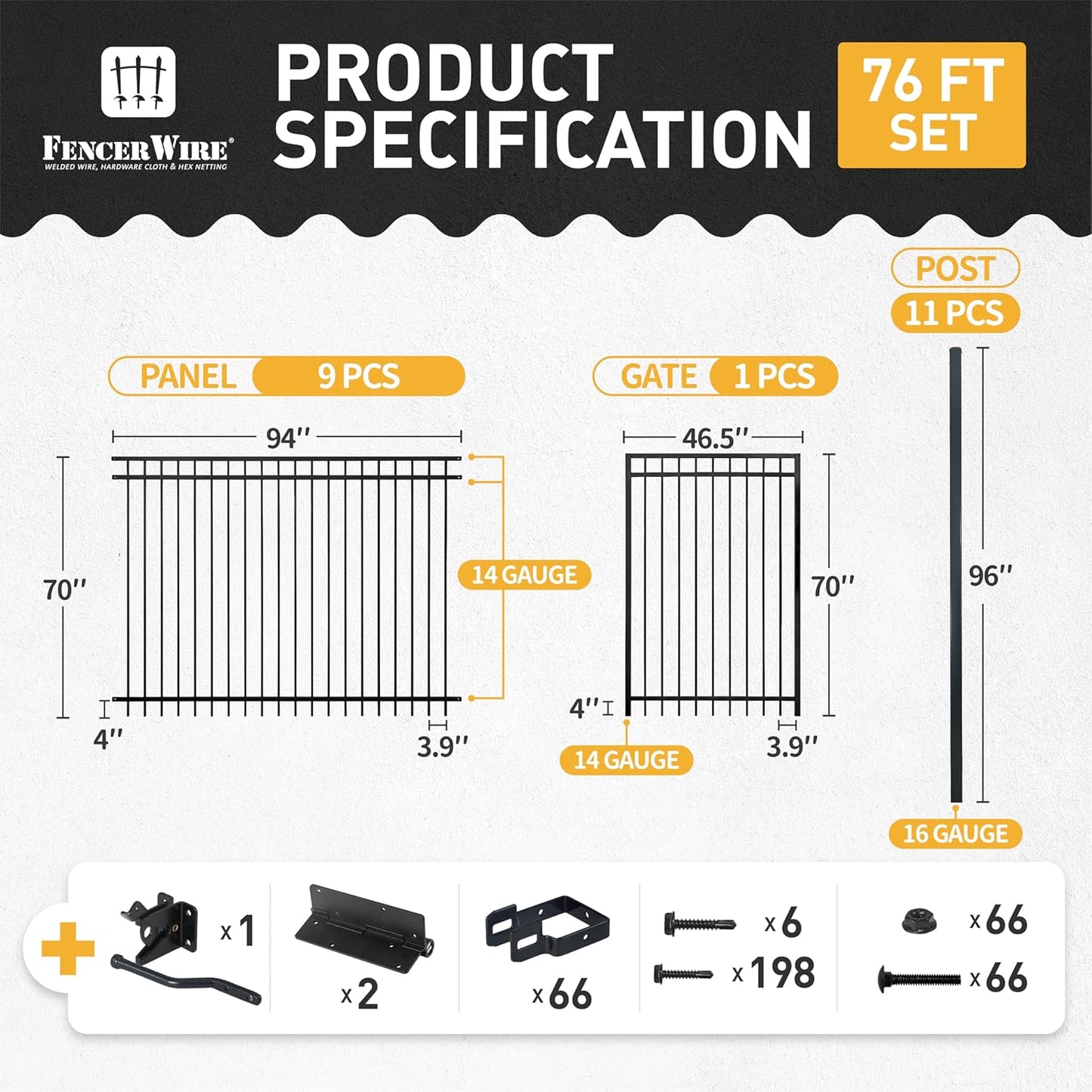 Fencer Wire 76FT Heavy Duty Flat Top Fence Barrier Kit, Anti-Rust Metal Steel Fence with 6FT Height X 8FT Width Panels, Gate, Posts, Connectors, 2” Diameter Outdoor Fencing for Yard, Pool, Patio