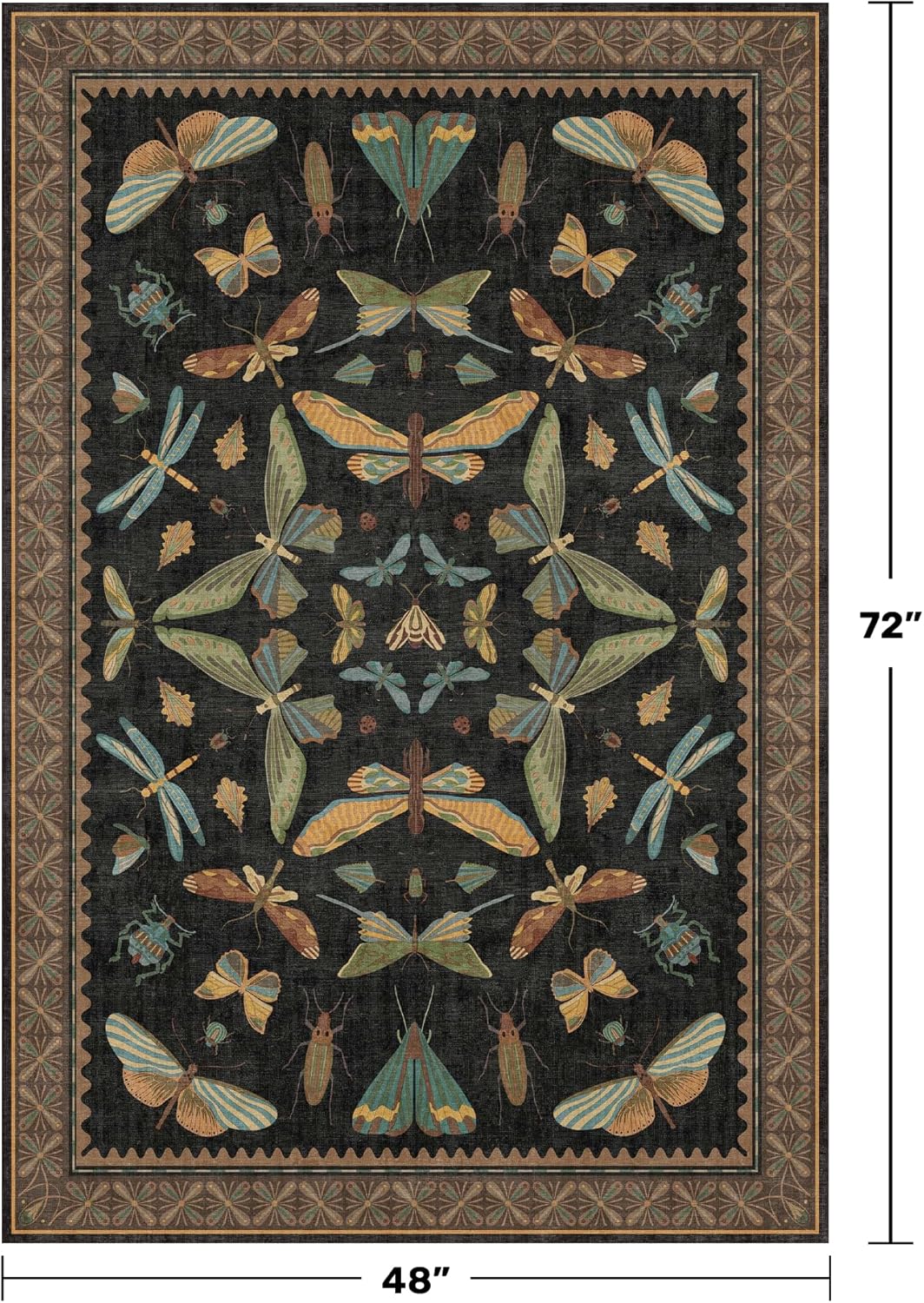 Insect Print Washable 4x6 Entryway Rug - Non-Slip Low Pile Area Rug for Large Kitchen, Bedroom, Office - Ultra Soft Aesthetic Decor, Black & Brown