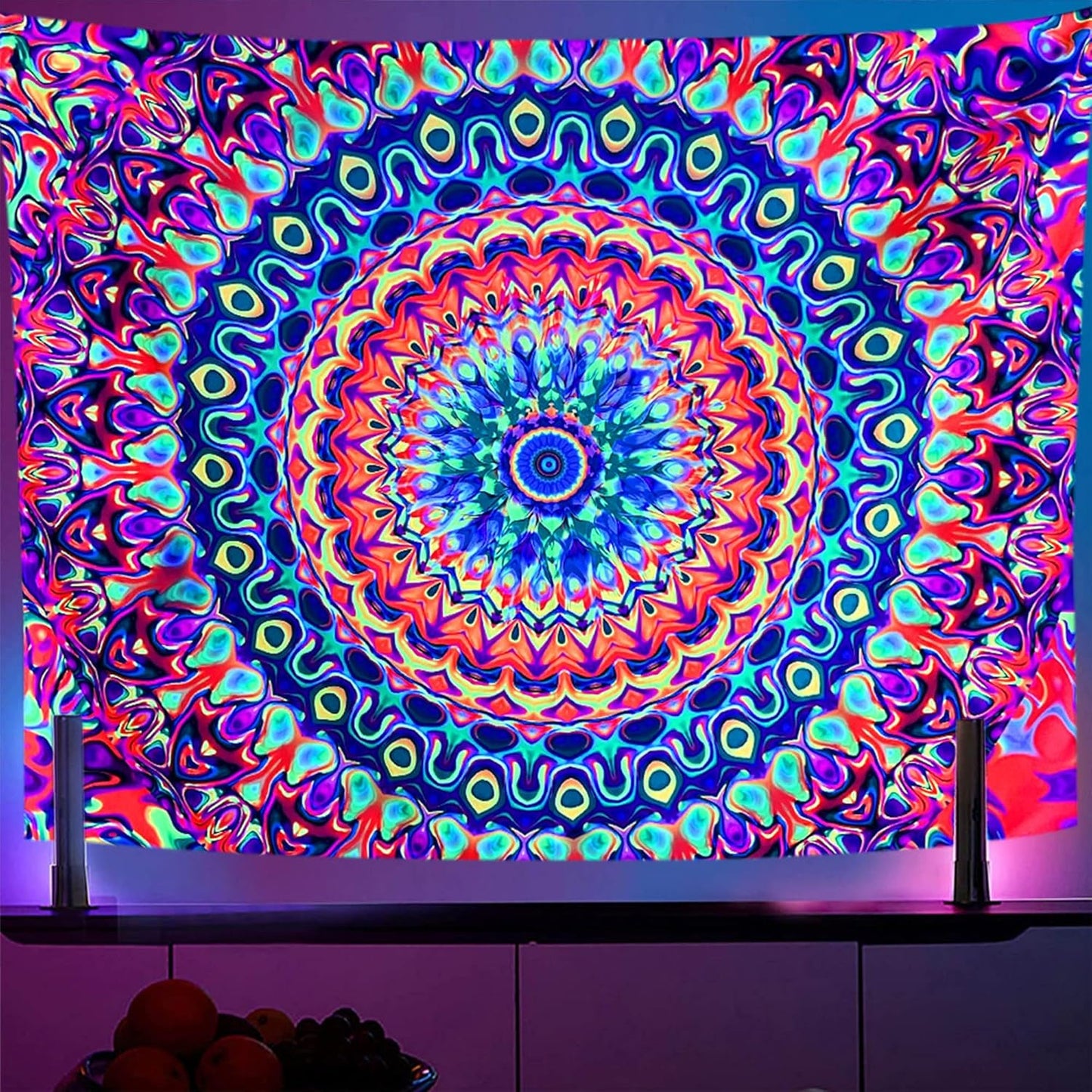 OSVINO Blacklight Colorful Mandala Tapestry 90"x70" Kaleidoscopic Trippy Room Decor Black Light Poster Bohemian Wall Decor for Bedroom Backdrop Decor