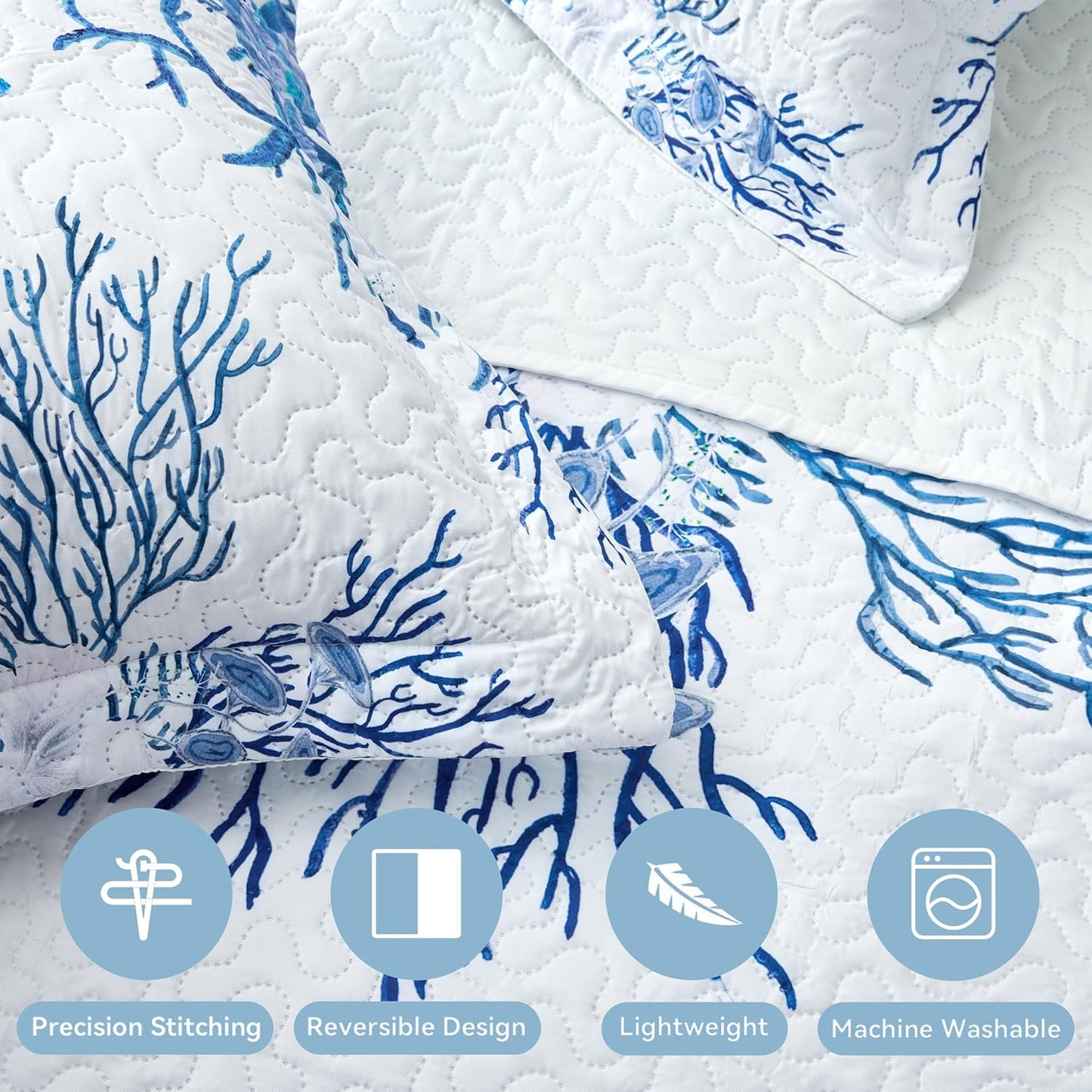 Coastal Bedding King Size Coastal Quilt with 2 Shams, Nautical Beach Comforter Sets Ocean Bedspreads Blue Starfish Coverlet Summer Bedding, 96''x106''