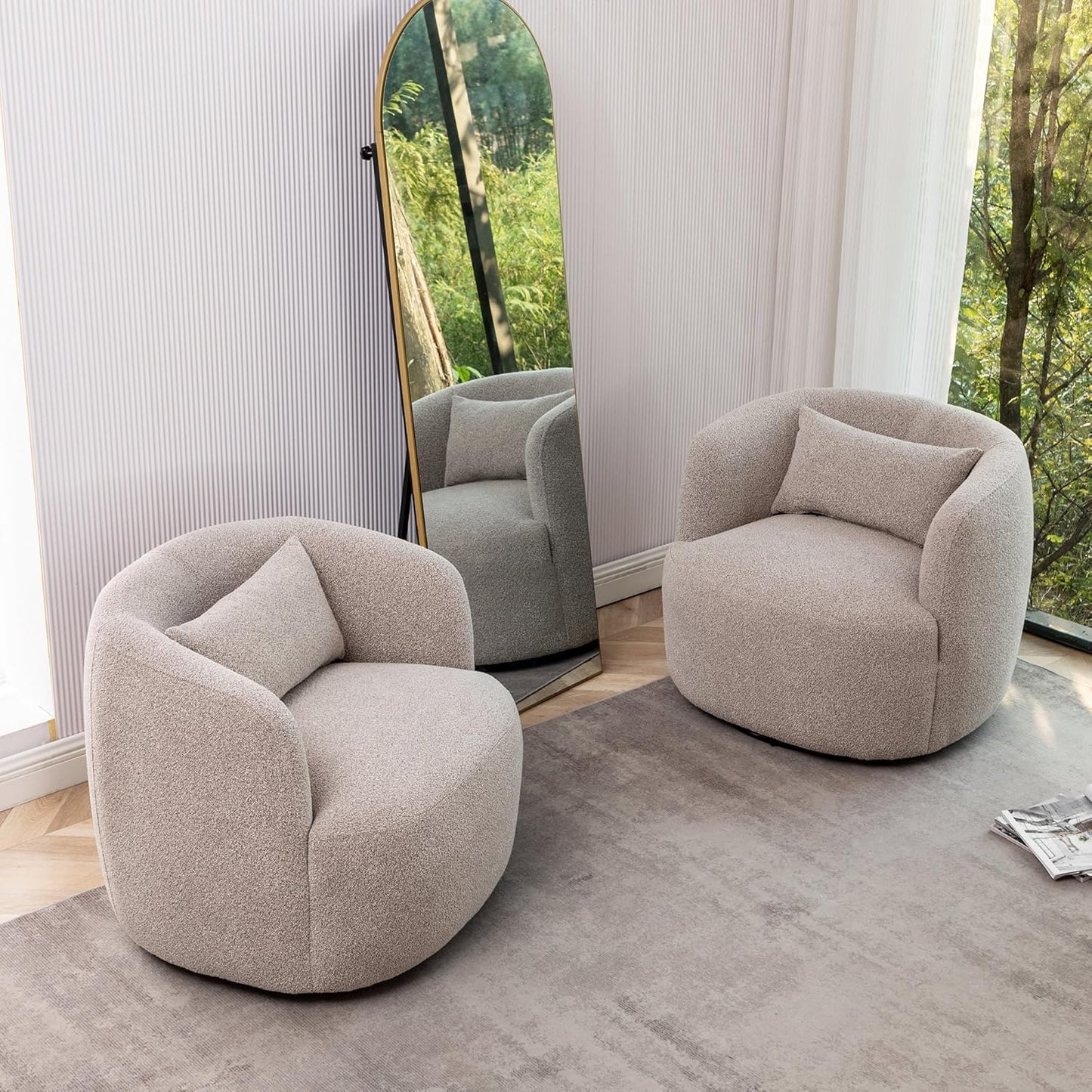 KINWELL 34" Wide Boucle Swivel Barrel Chairs Set of 2, No Assembly Round Upholstered Armchairs Accent Chairs Single Sofa Chair with Toss Pillow for Living Room and Bedroom, Taupe