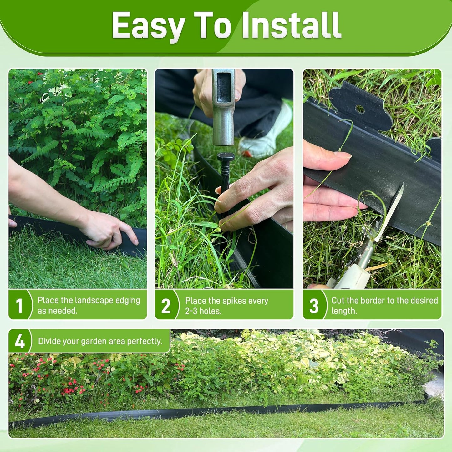 2 Inch x 100FT Landscape Edging Border with 90 Anchoring Spikes, No Dig Garden Border Edging Kit, Plastic Flexible Edging for Landscaping Garden Flower Beds Lawn Yard Paver Pathway, Black