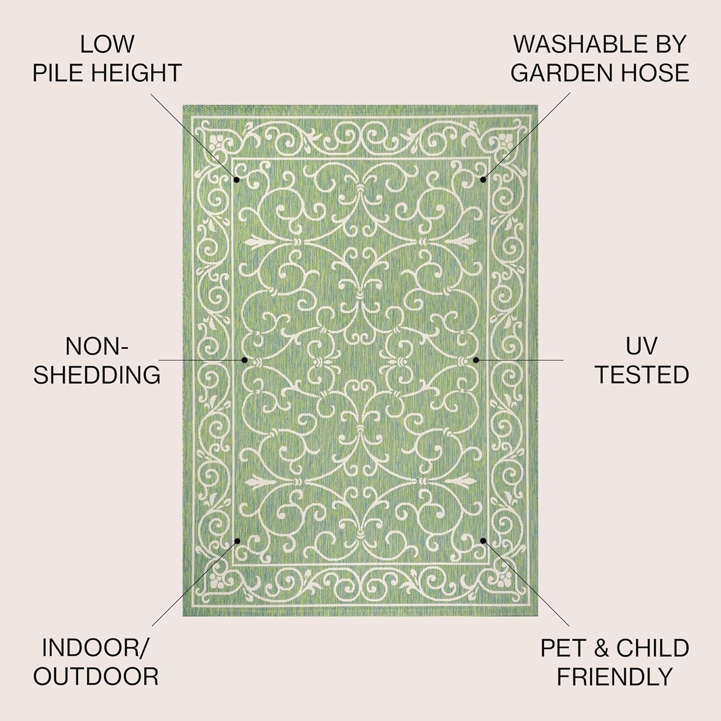 JONATHAN Y Vintage Filigree Indoor Outdoor Area Rug 4X6 Green/Ivory, Charleston Textured Weave for Backyard, Patio, Porch, Easy-Cleaning, High Traffic, Pet-Friendly, Non-Shedding (SMB106K-4)