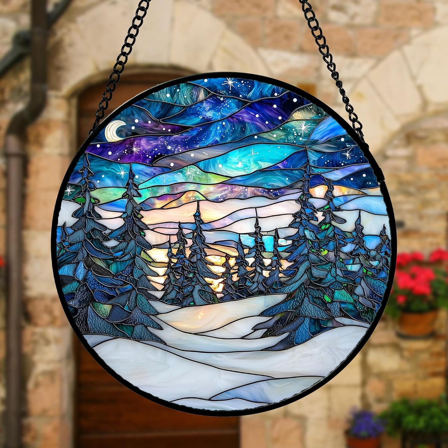 Stained Glass Window Hanging, Starry Sky Trees and Snow Sun Catchers Glass Panel Blue Suncatcher Decor for Birthday for Women, Men, Wife, Aunt, and Mom 7.8 in