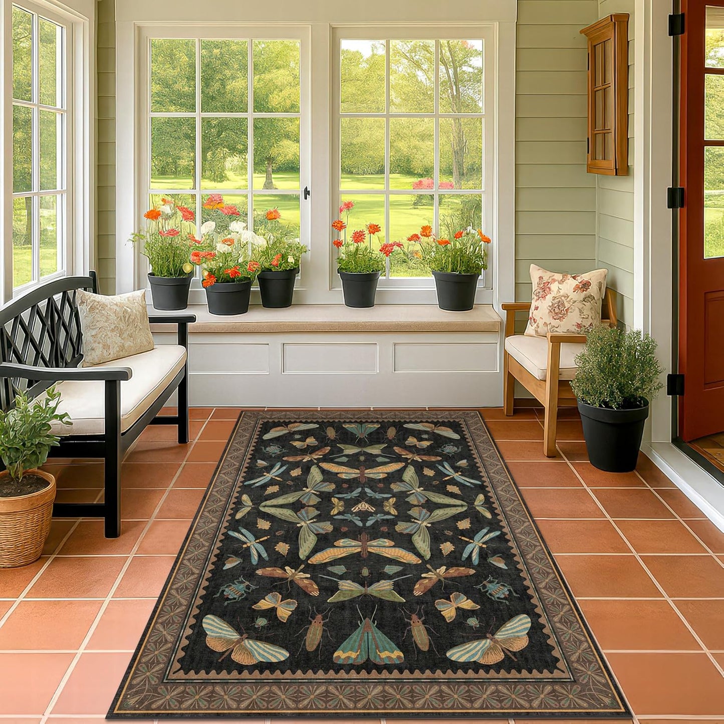 Insect Print Washable 4x6 Entryway Rug - Non-Slip Low Pile Area Rug for Large Kitchen, Bedroom, Office - Ultra Soft Aesthetic Decor, Black & Brown