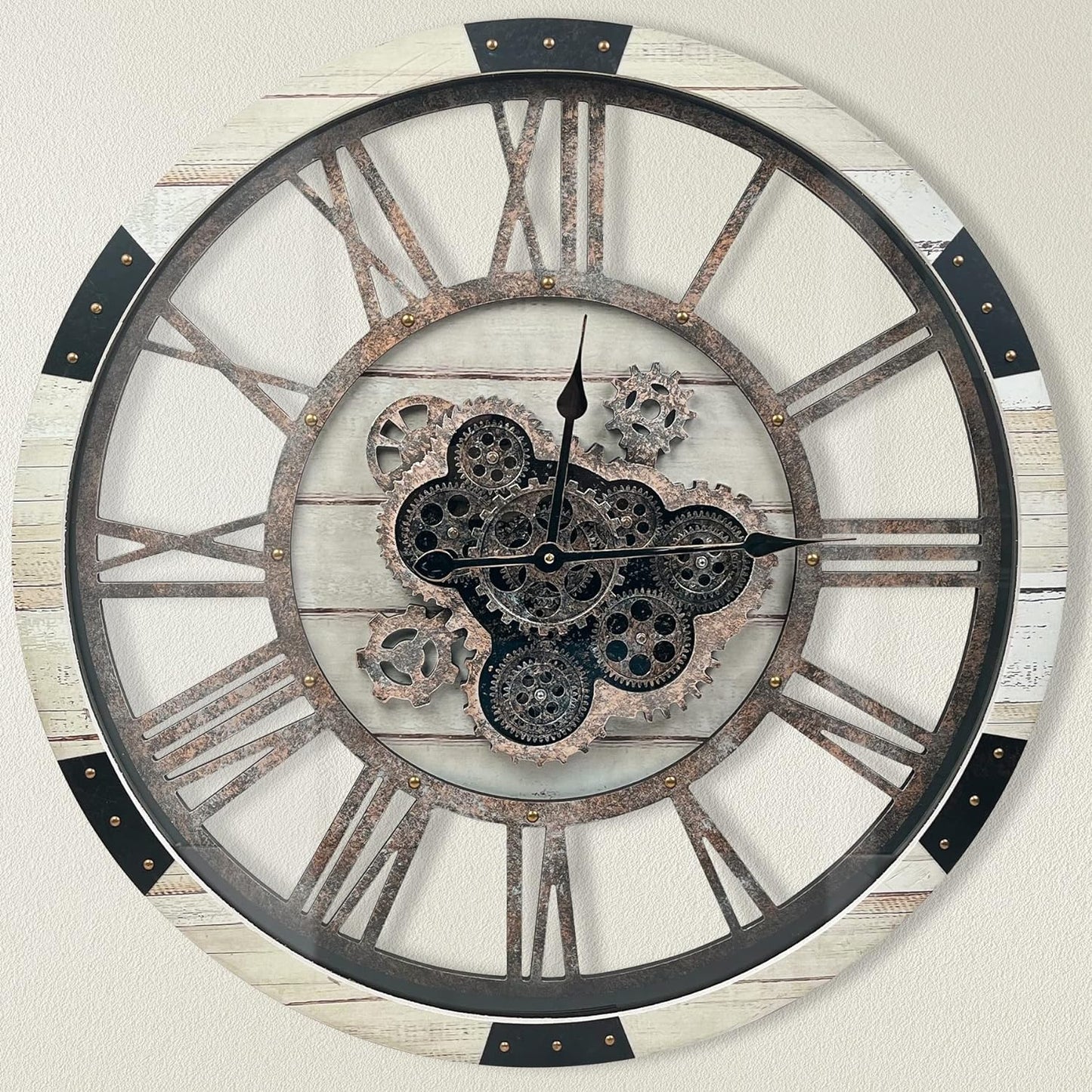 DORBOKER 24" Large Wall Clock with Moving Gears,Oversize Vintage Industrial Rustic Farmhouse Clocks for Living Room Decor Office Home,Solid Wood Retro Metal HD Tempered Glass Cover,Desert Beige
