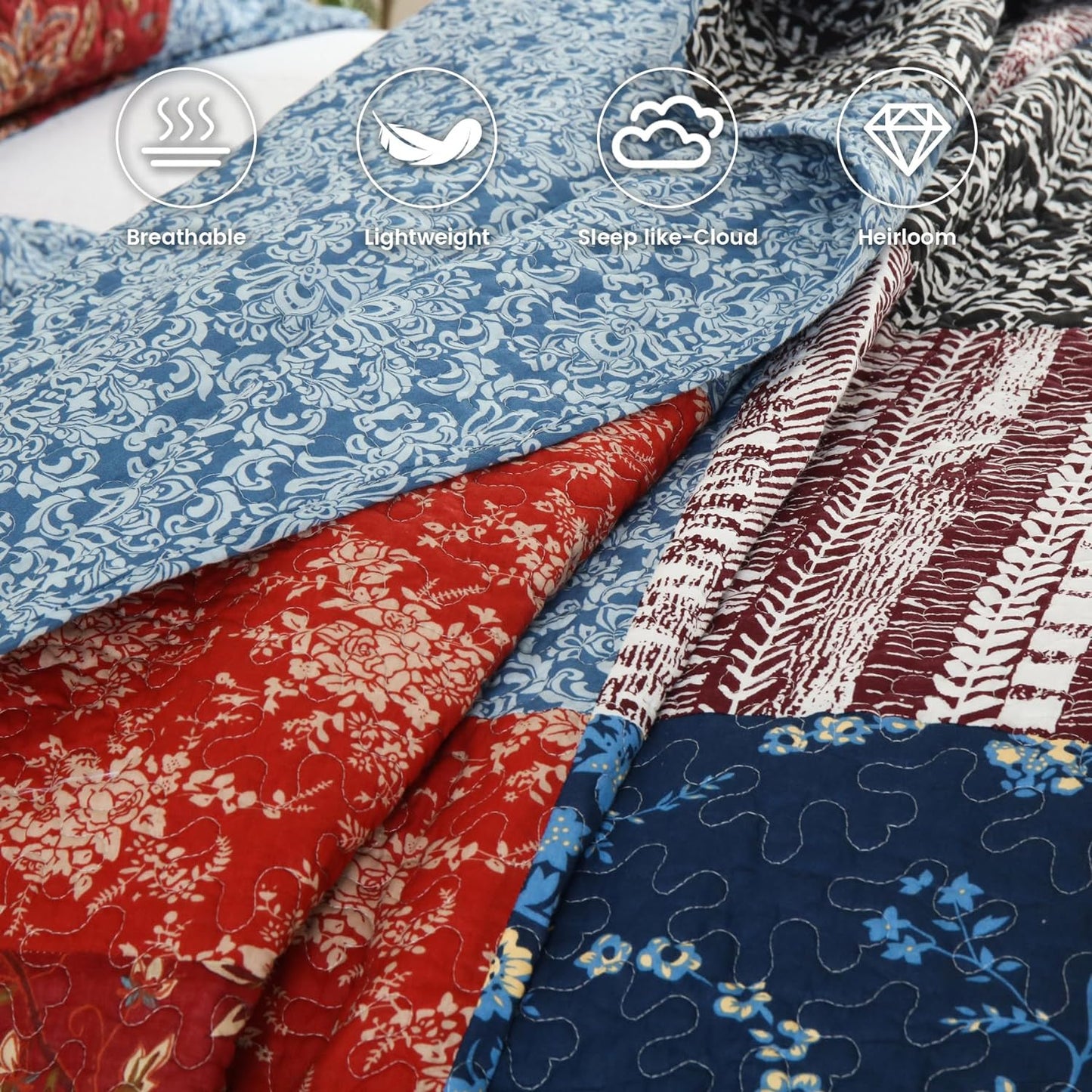 Secgo Queen Comforter Set for Bed - 100% Cotton Quilts Queen Size, Black Bedspreads (90 * 98 Inch) with 2 Pillow Shams, Patchwork Reversible Lightweight Bedding