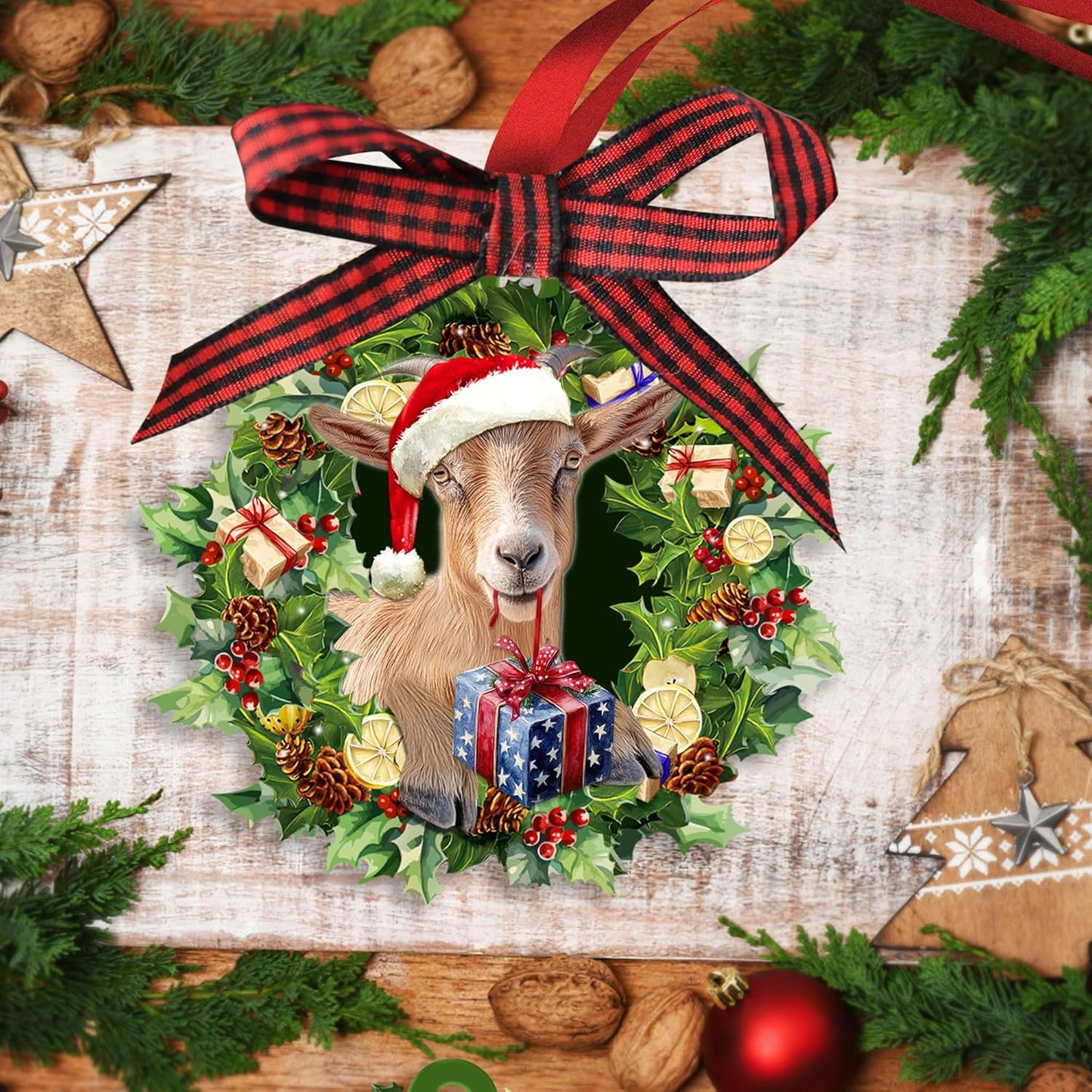 Talataca Goat Wearing A Christmas Hat Wreath Farm Animal Lover 2D Flat Christmas Tree Wood Ornament Decor Wooden Hanging Decoration House Present Xmas Eve Keepsake Decorative