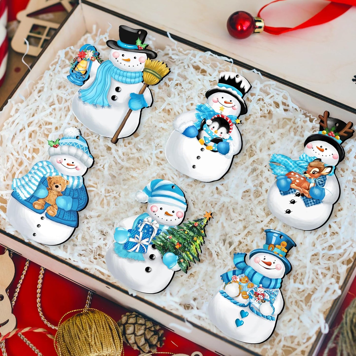 24 Pieces Christmas Snowman Wooden Ornaments Wood Hanging Decoration Set for Christmas Tree Hanging Wood Crafts Holiday Decor Xmas Party Supplies (Xmas-Snowman-B)
