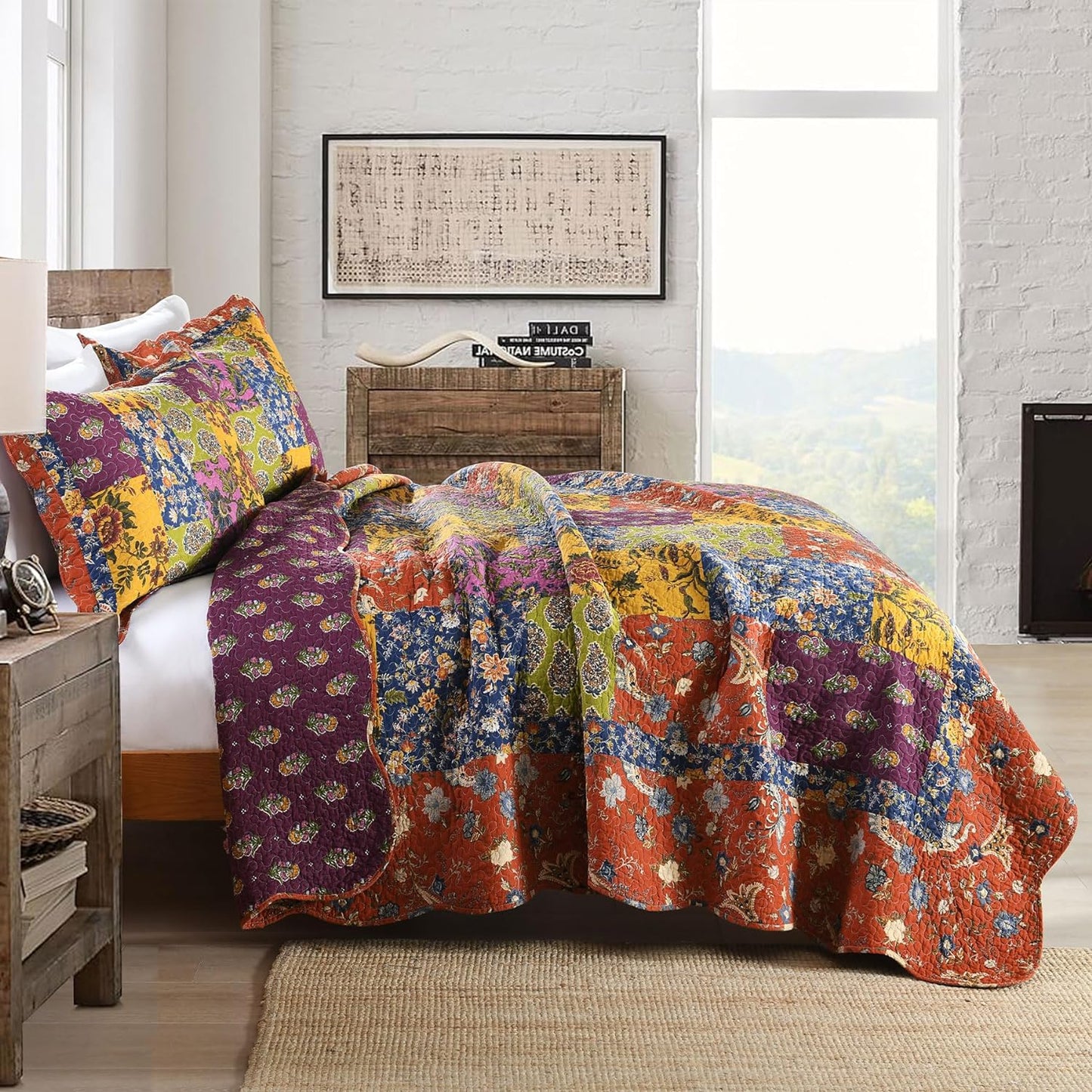 Secgo King Size Comforter Set- 100% Cotton Quilt King Size Set, Green, Sage bedspreads (96 * 108 Inch) with 2 Pillow Shams, Patchwork Reversible Lightweight Bedding