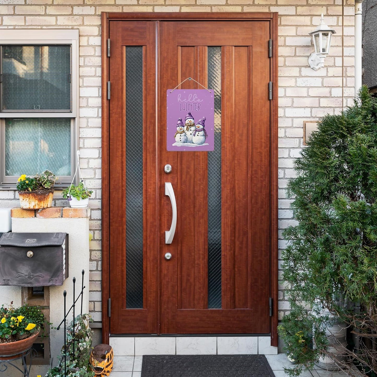 Purple Hello Winter Snowman Hanging Wooden Signs 10x8, Snowman Winter Signs, Winter Door Sign, Purple Snowman Winter Snowflakes Home Room Office Hanging Wall Decor