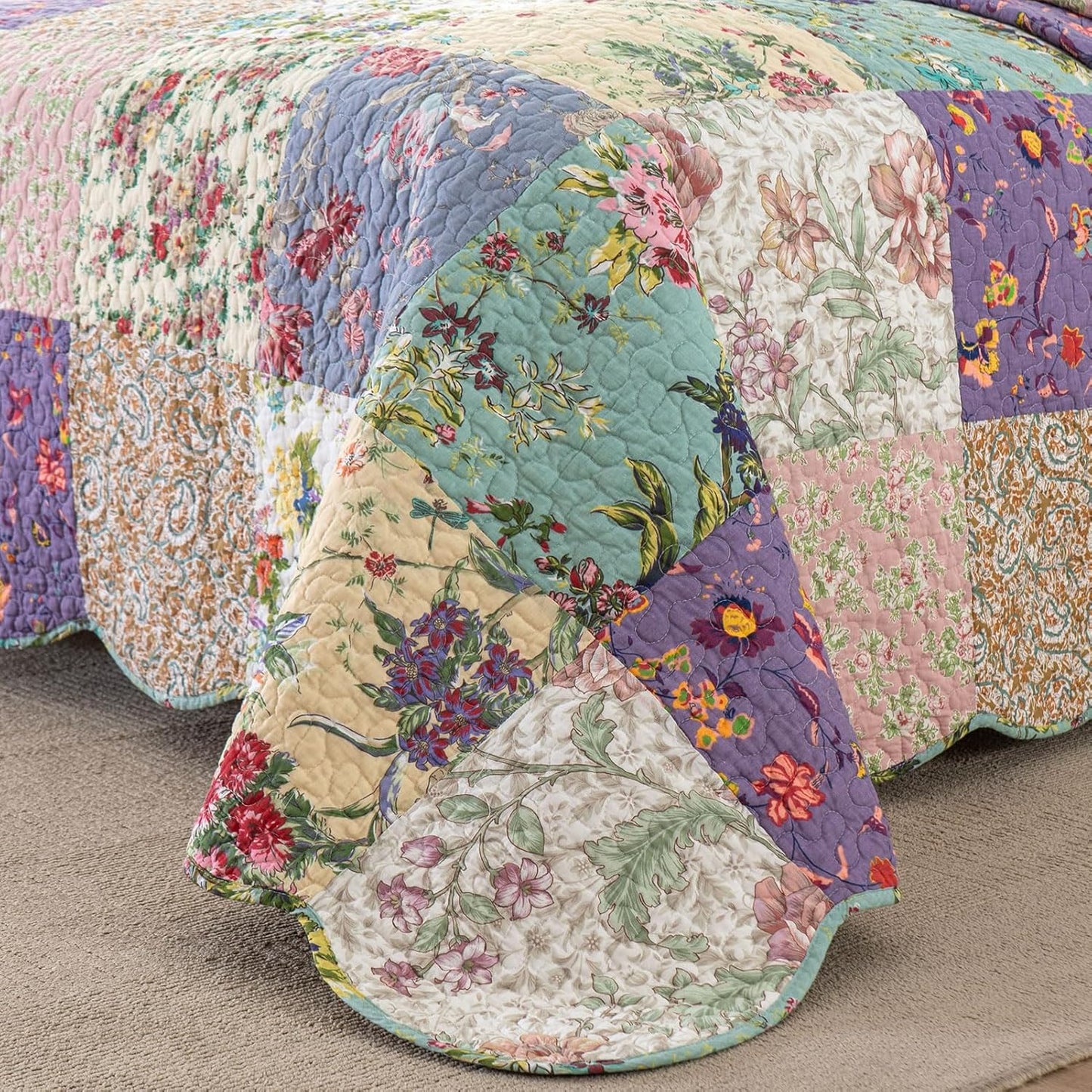 YAYIDAY Quilts Queen Size Patchwork Bedspread Set - 100% Cotton Reversible Breathable Floral Quilted Quilt with Pillow Shams Fit All Season